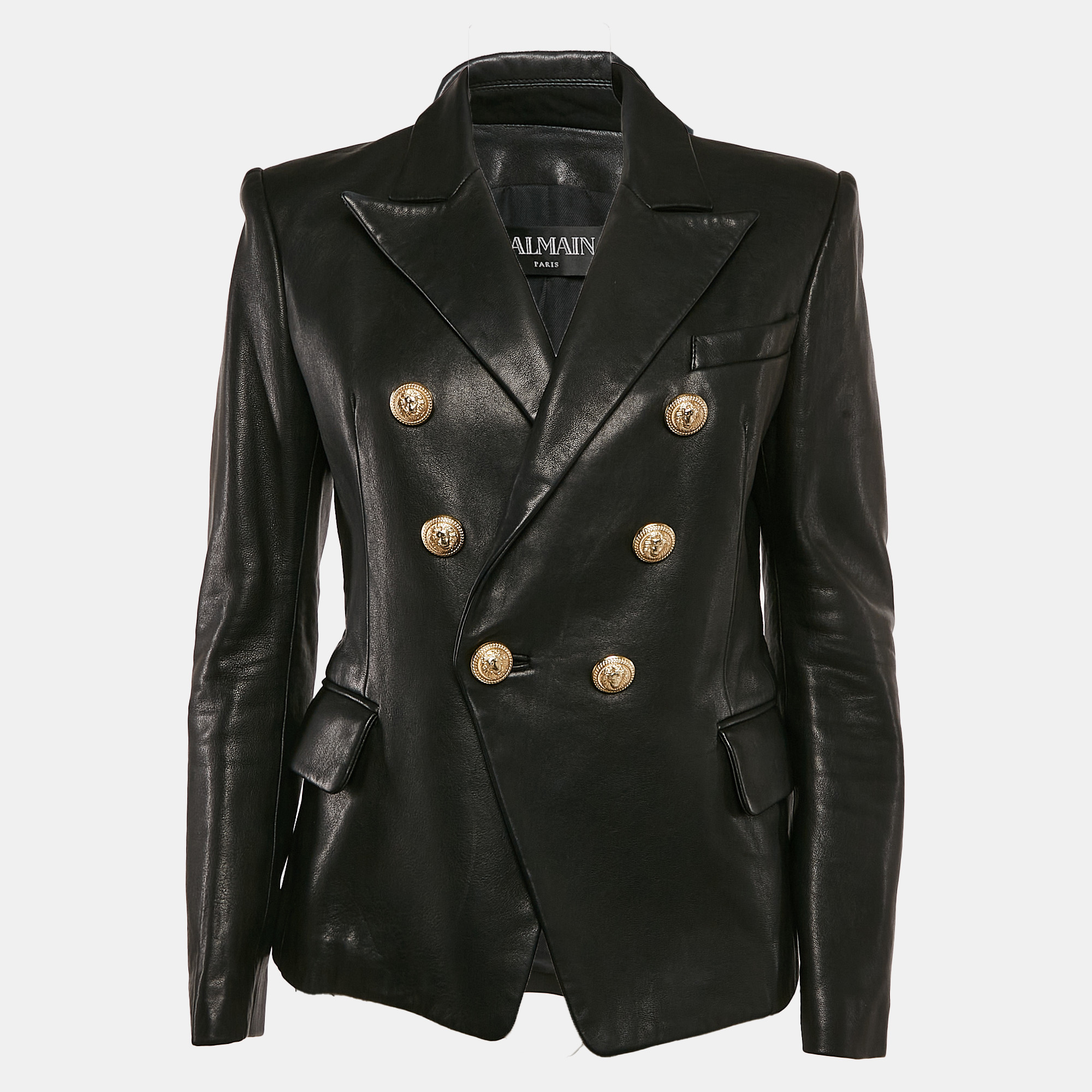 

Balmain Black Leather Double Breasted Button Detail Jacket M