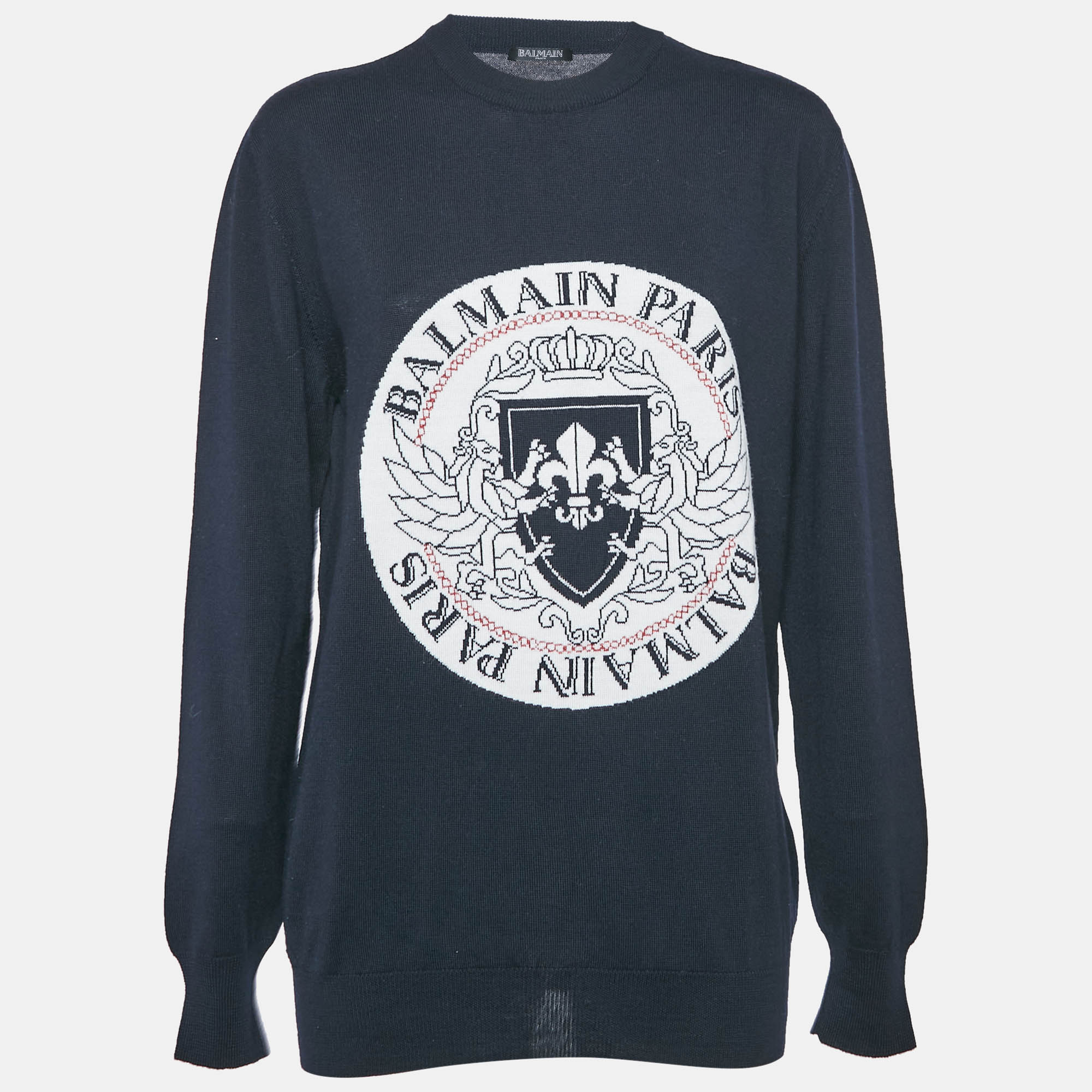 

Balmain Navy Blue Intarsia Knit Crew Neck Sweater M