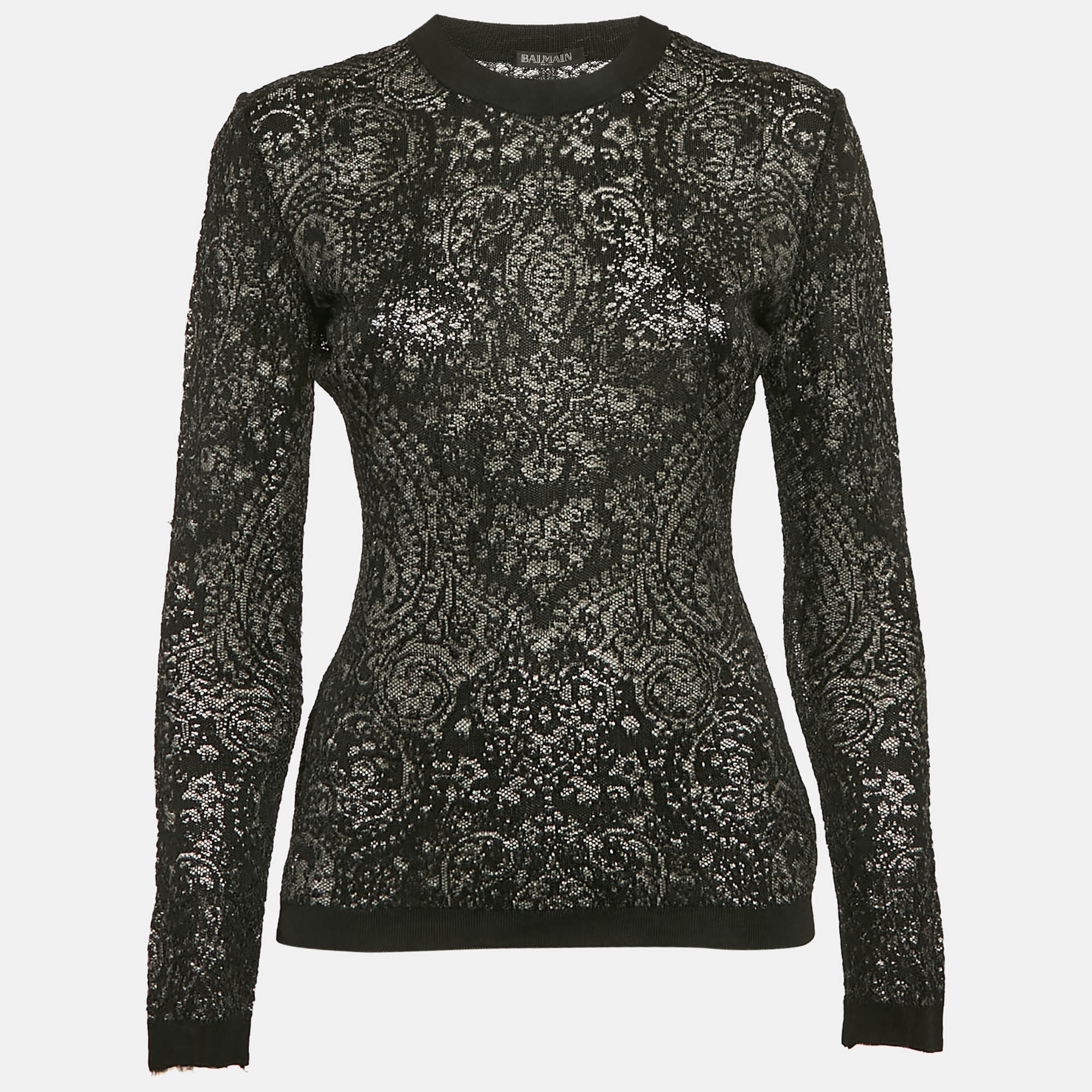 

Balmain Black Patterned Mesh Sheer Pullover M