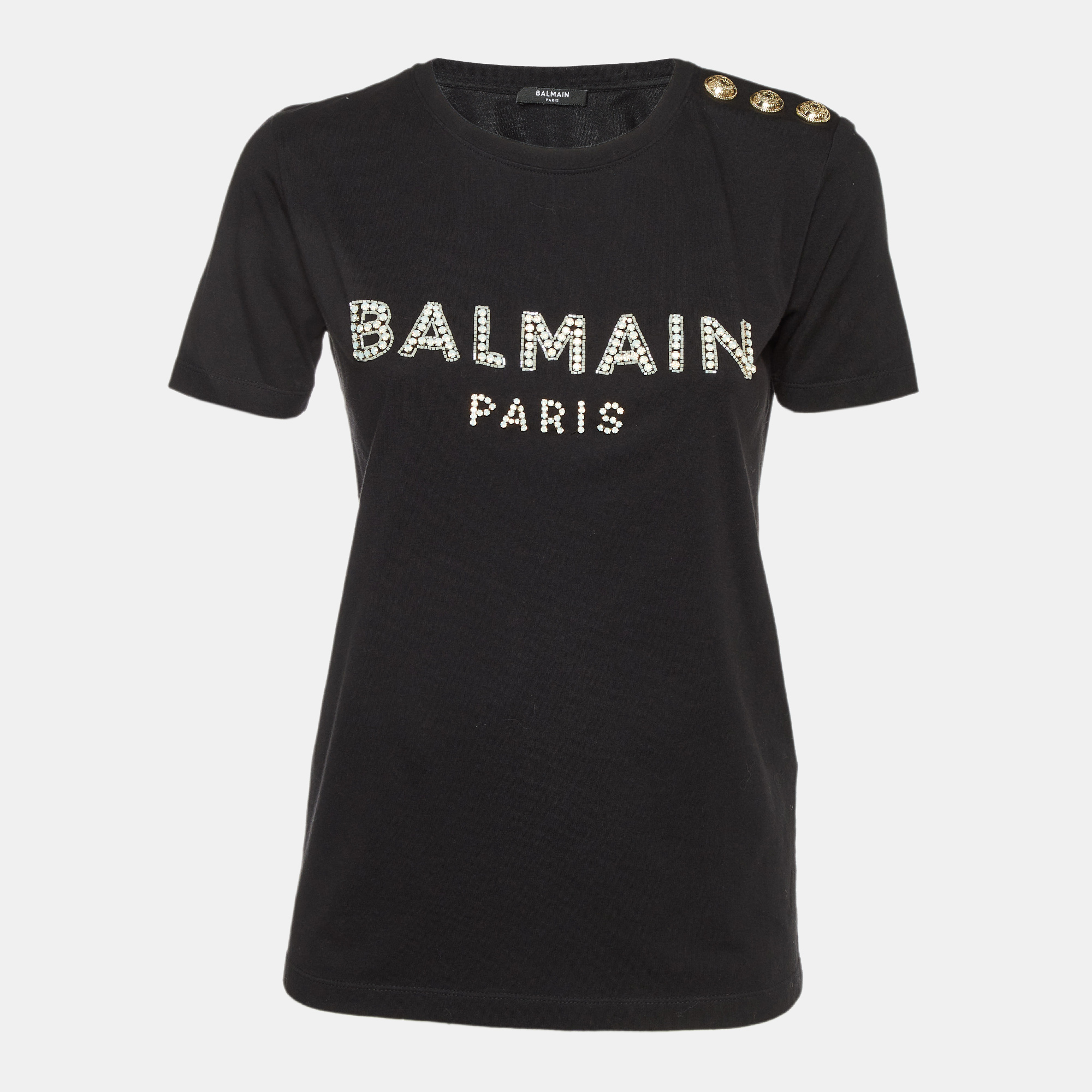 

Balmain Black Logo Print Cotton Crystals Embellished T-Shirt S