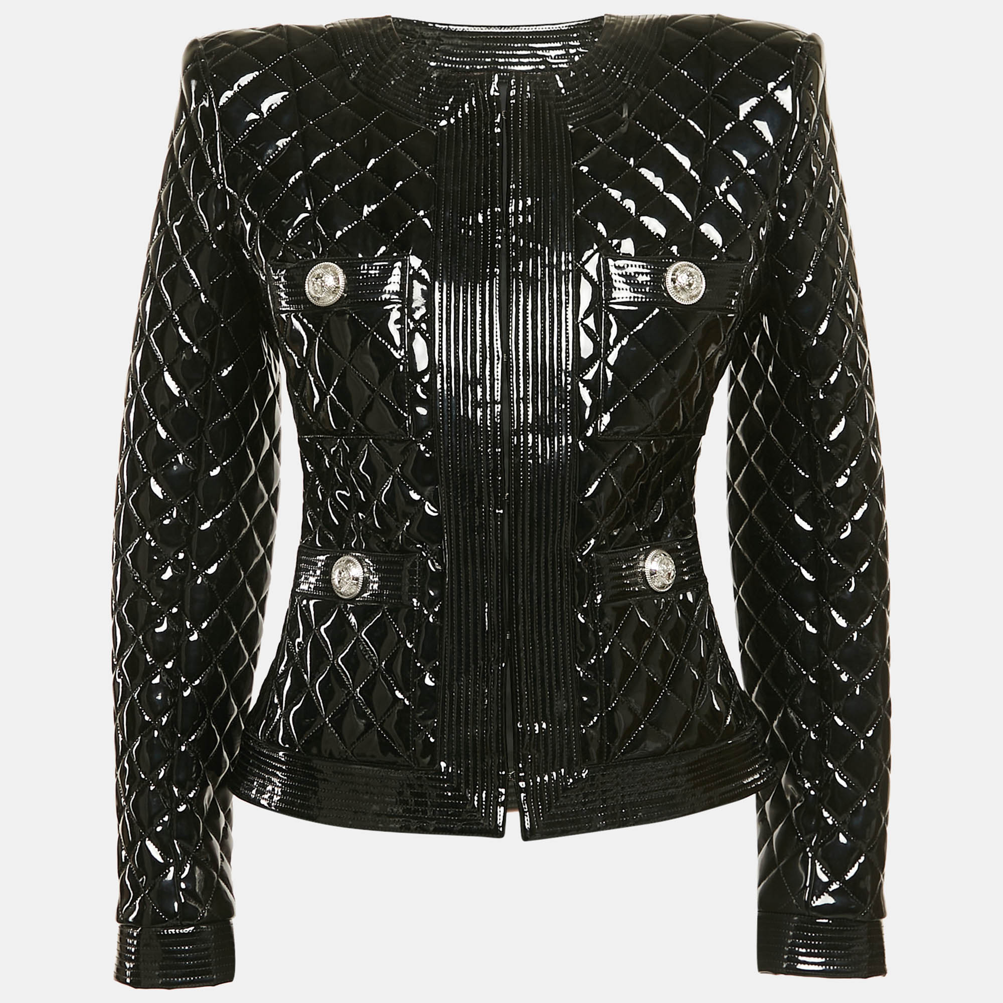 

Balmain Black Faux Leather Button Detail Quilted Jacket S
