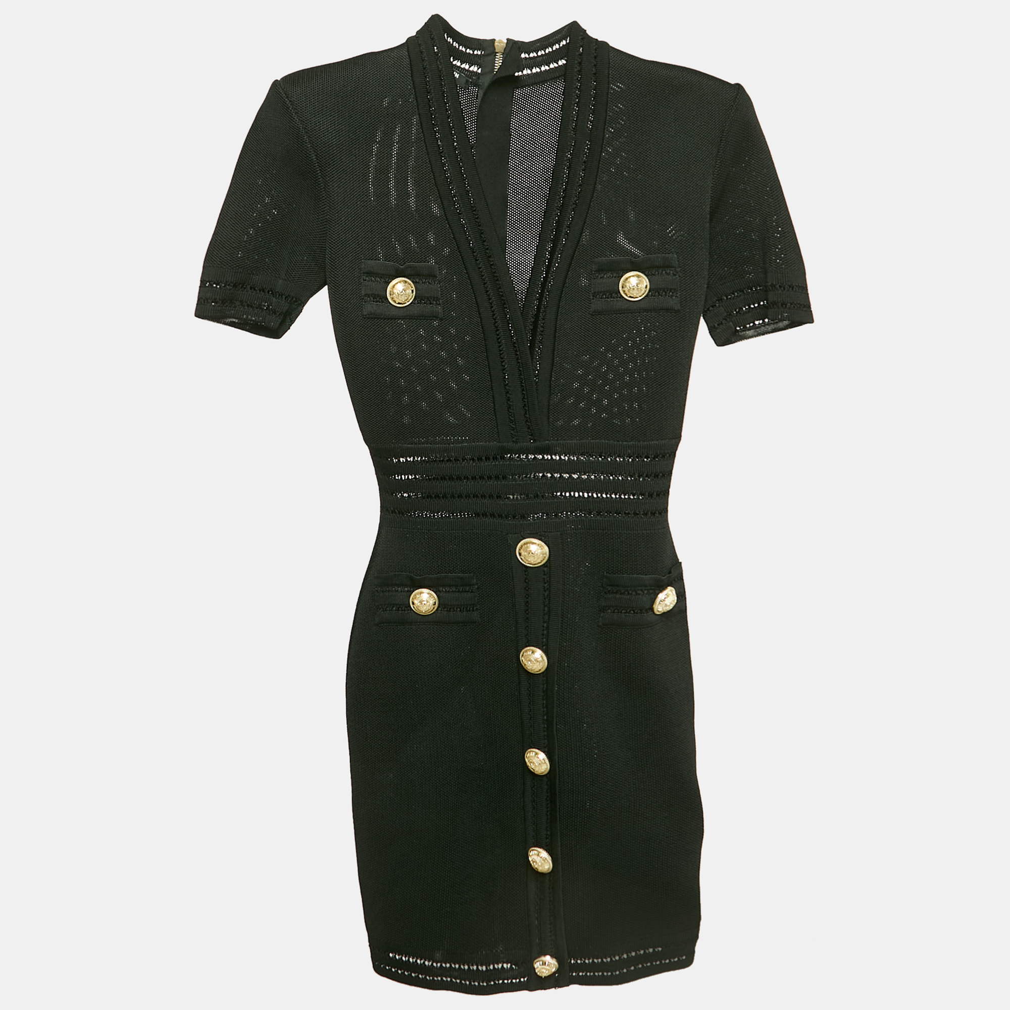 

Balmain Black Mesh Knit Button Detail Bodycon Mini Dress M