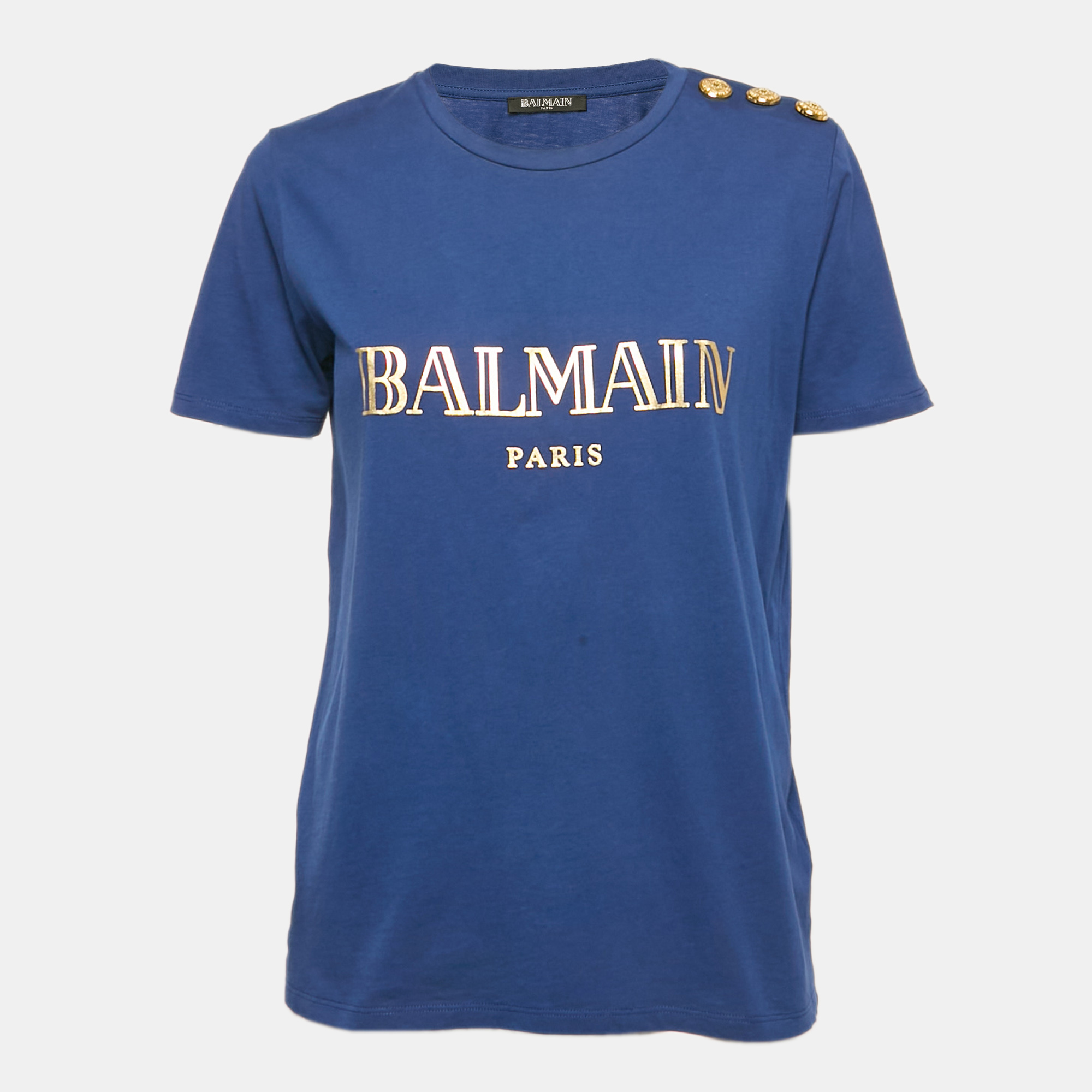 

Balmain Blue Logo Print Cotton Button Detail T-Shirt M