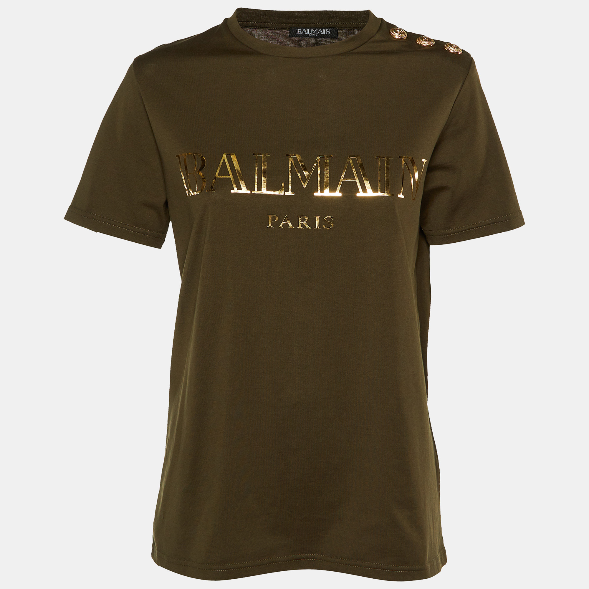 

Balmain Green Logo Print Cotton Button Detail T-Shirt M