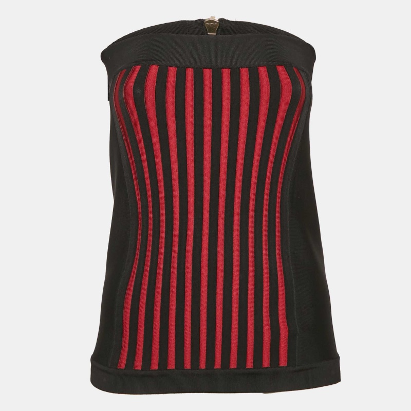 

Balmain Black Knit Corset Zip-Up Strapless Crop Top M