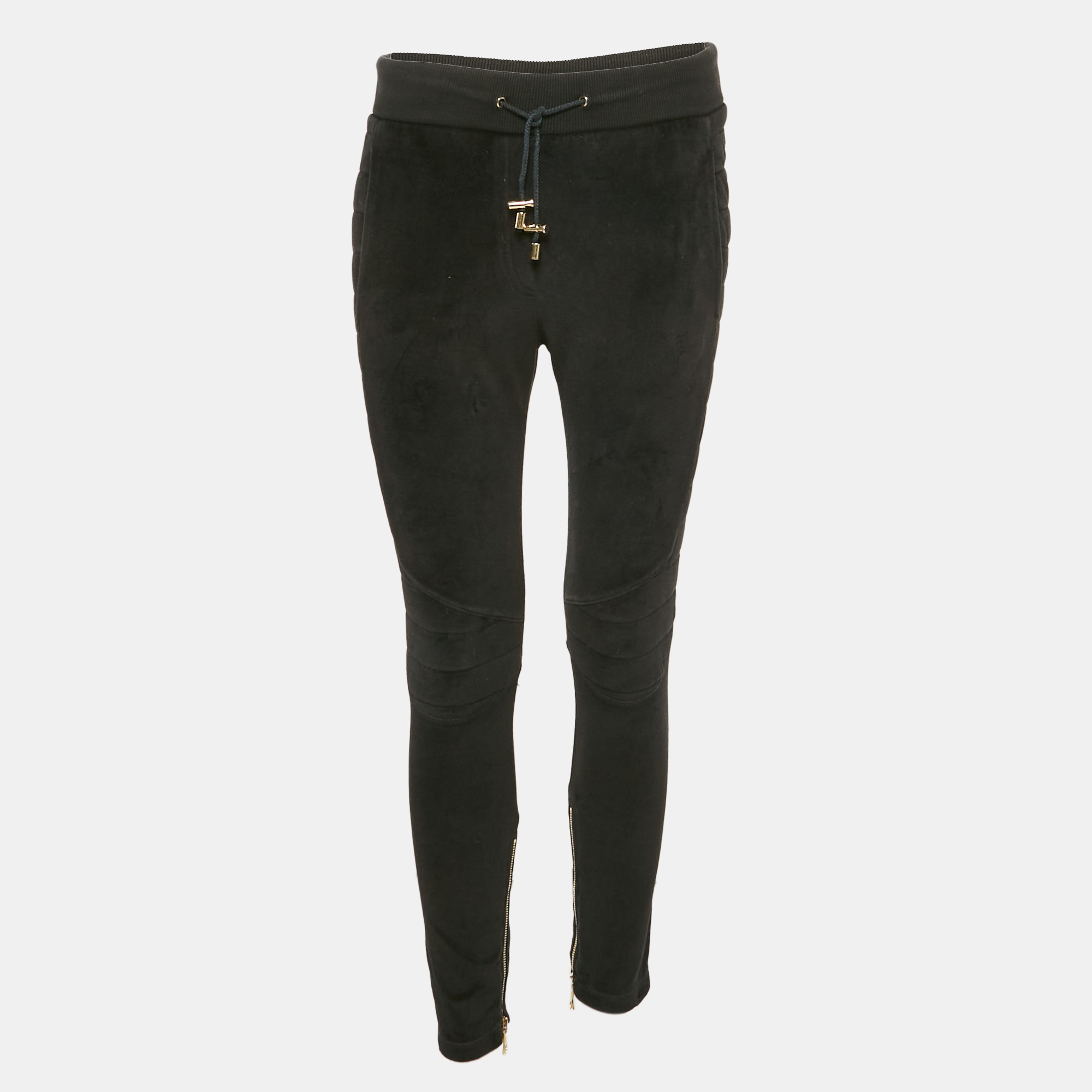 

Balmain Black Velour Quilted Detail Pants S