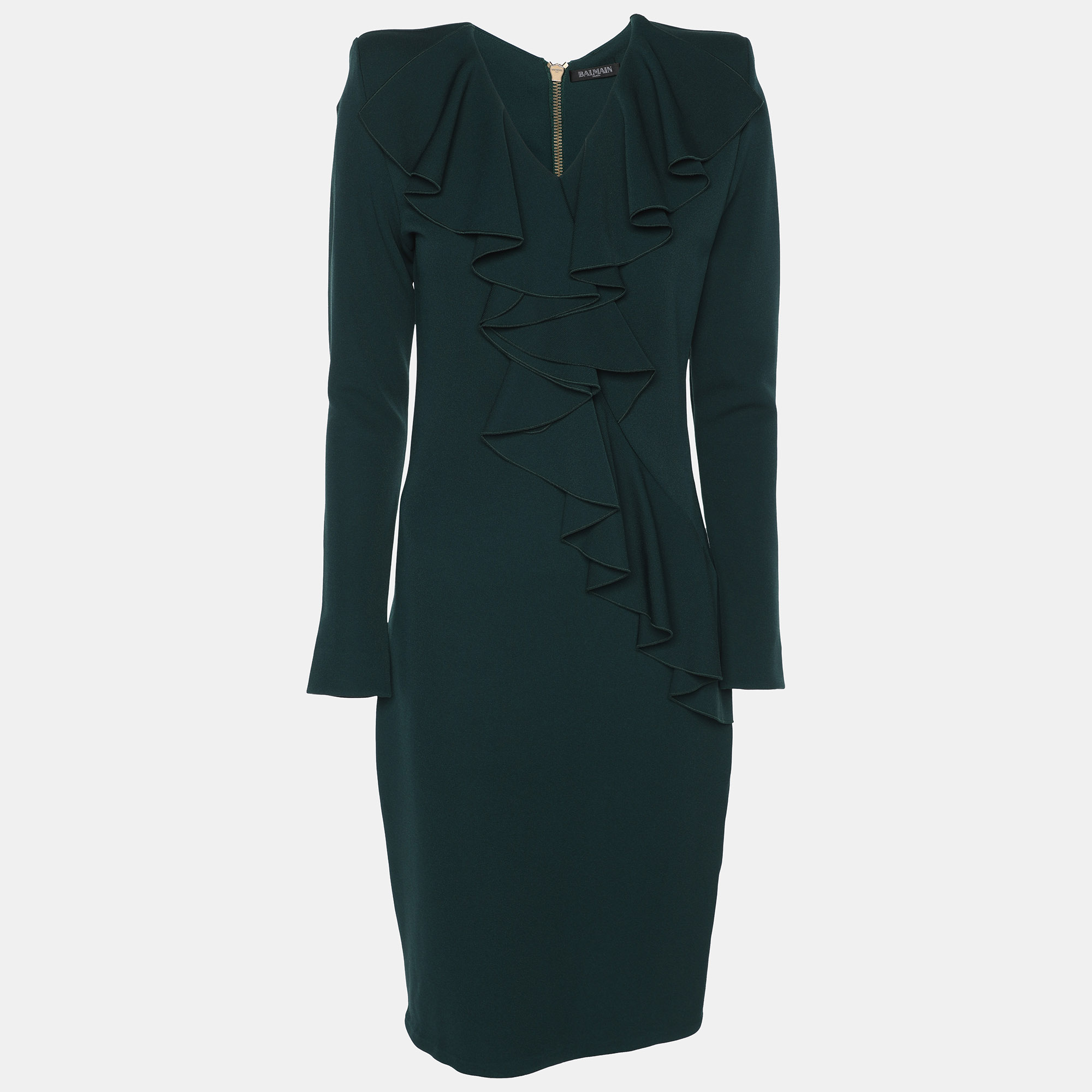 

Balmain Green Crepe Ruffle Midi Dress M