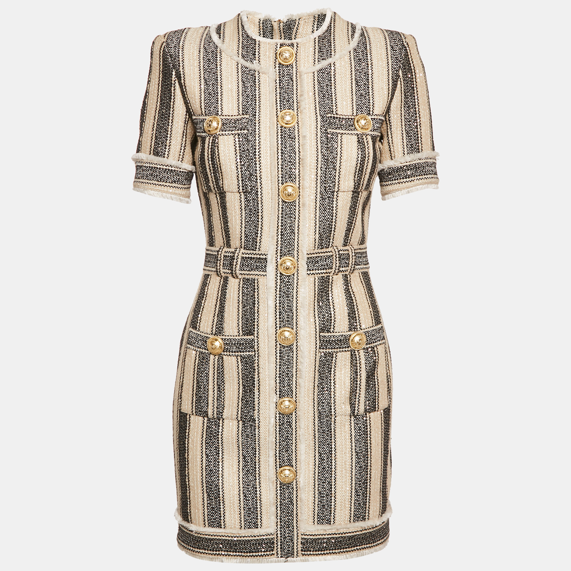

Balmain Beige/Black Frayed Sequin Striped Piqué Mini Dress S
