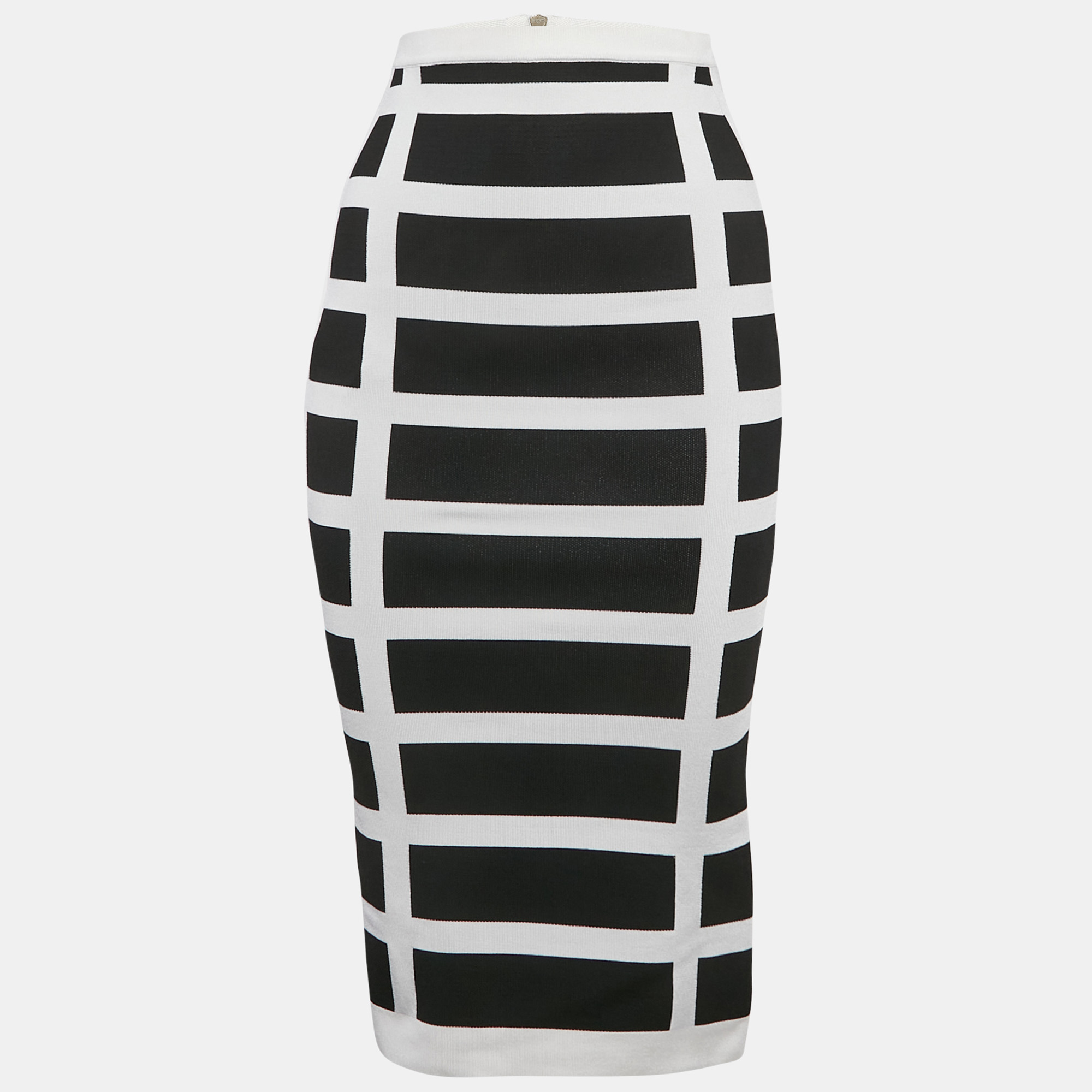 

Balmain White/Black Intarsia Knit Zip-Up Pencil Midi Skirt S