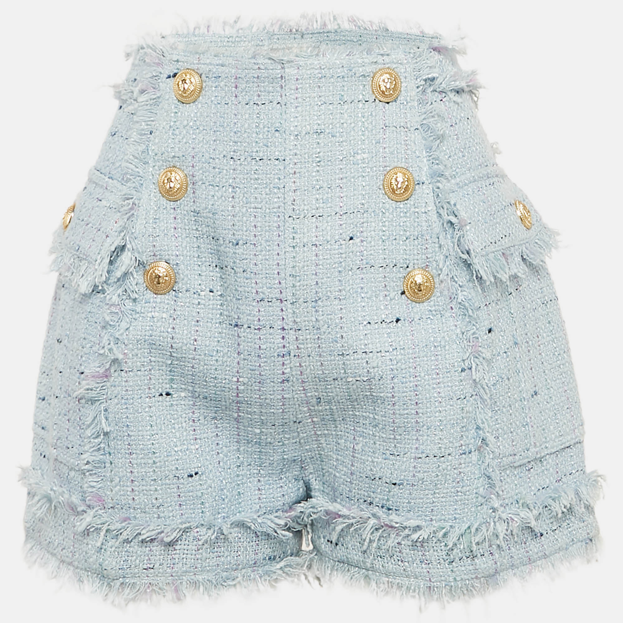 

Balmain Blue Tweed Button Detail Fringed Shorts M