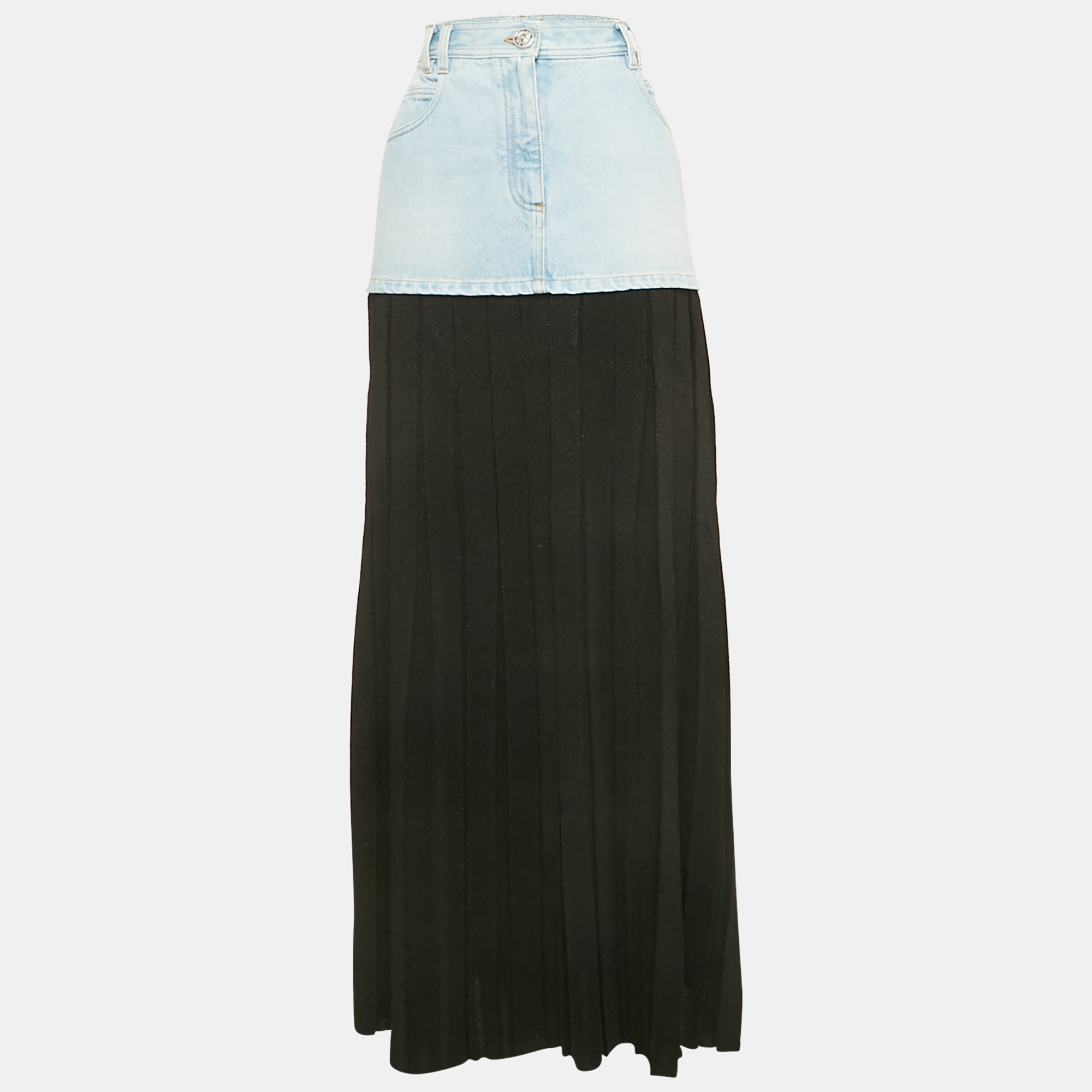 Pre-owned Balmain Blue/black Denim And Lurex Knit Pleated Maxi Skirt M
