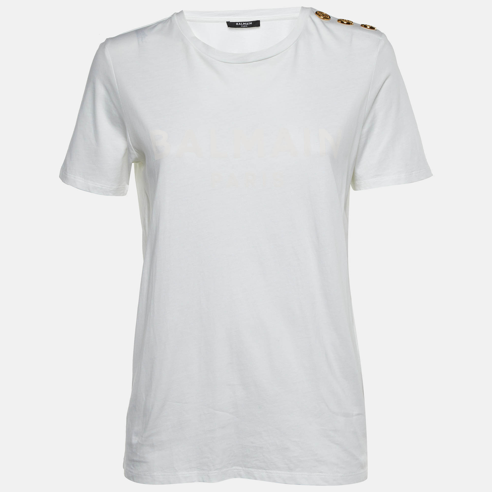 Pre-owned Balmain White Logo Print Cotton Button Detail T-shirt M