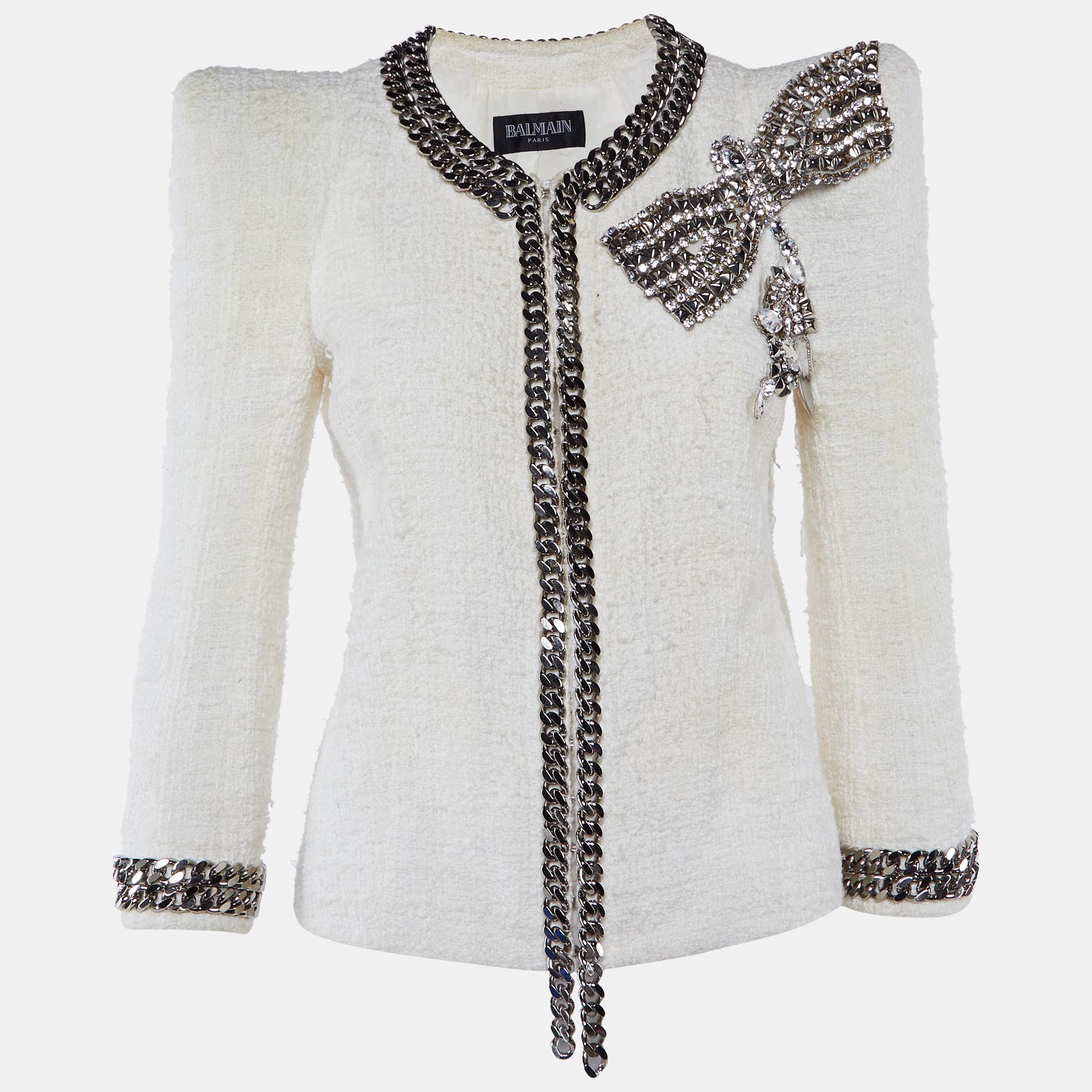 

Balmain Ivory Tweed Chain & Bow Embellished Jacket L, White