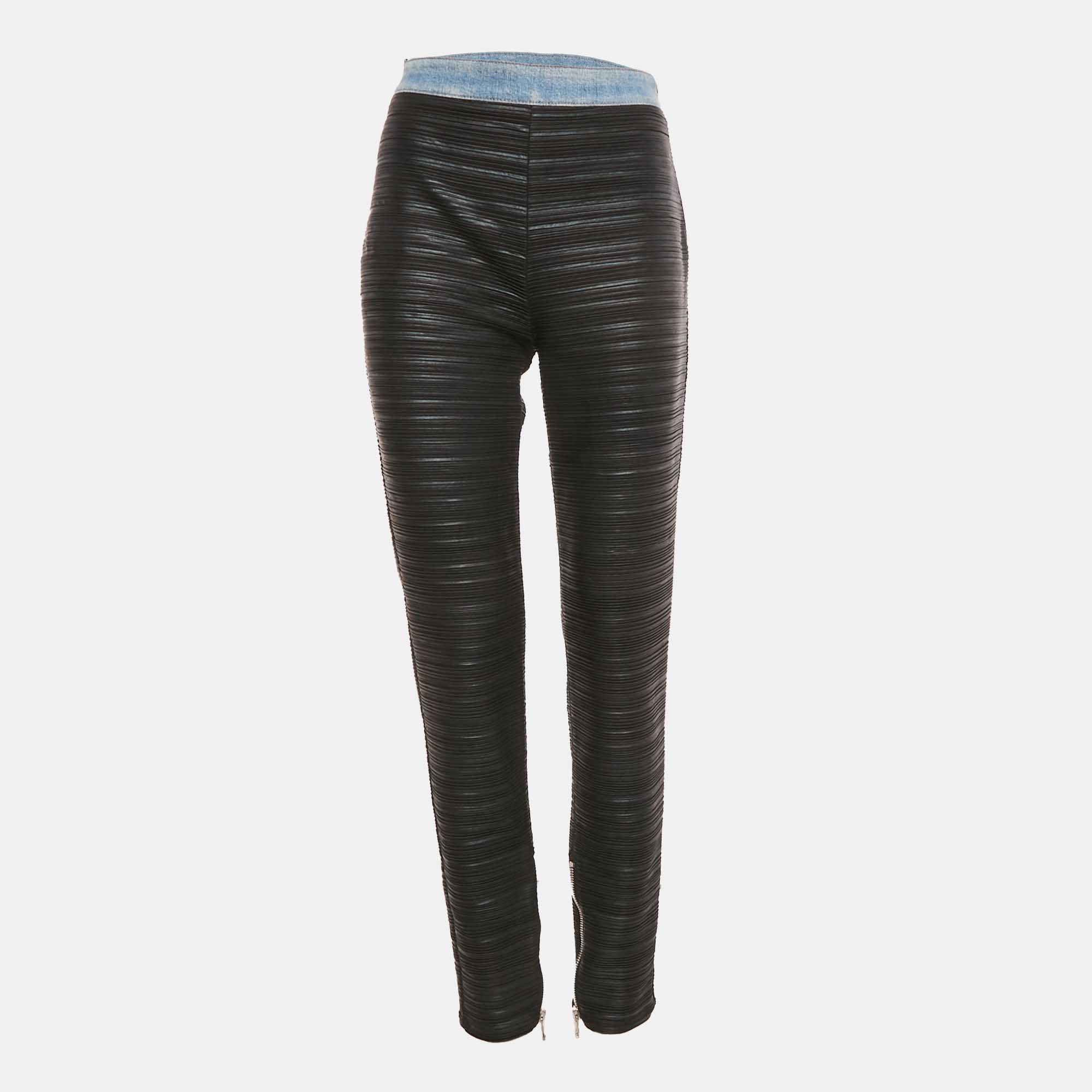 Pre-owned Balmain Black Denim Waist Trim Stretch Crepe Pleated Pants L