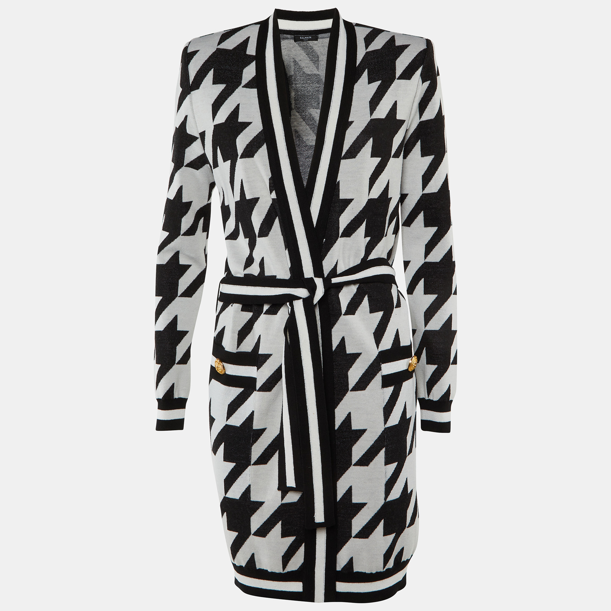 

Balmain Monochrome Houndstooth Belted Cardigan M, Black