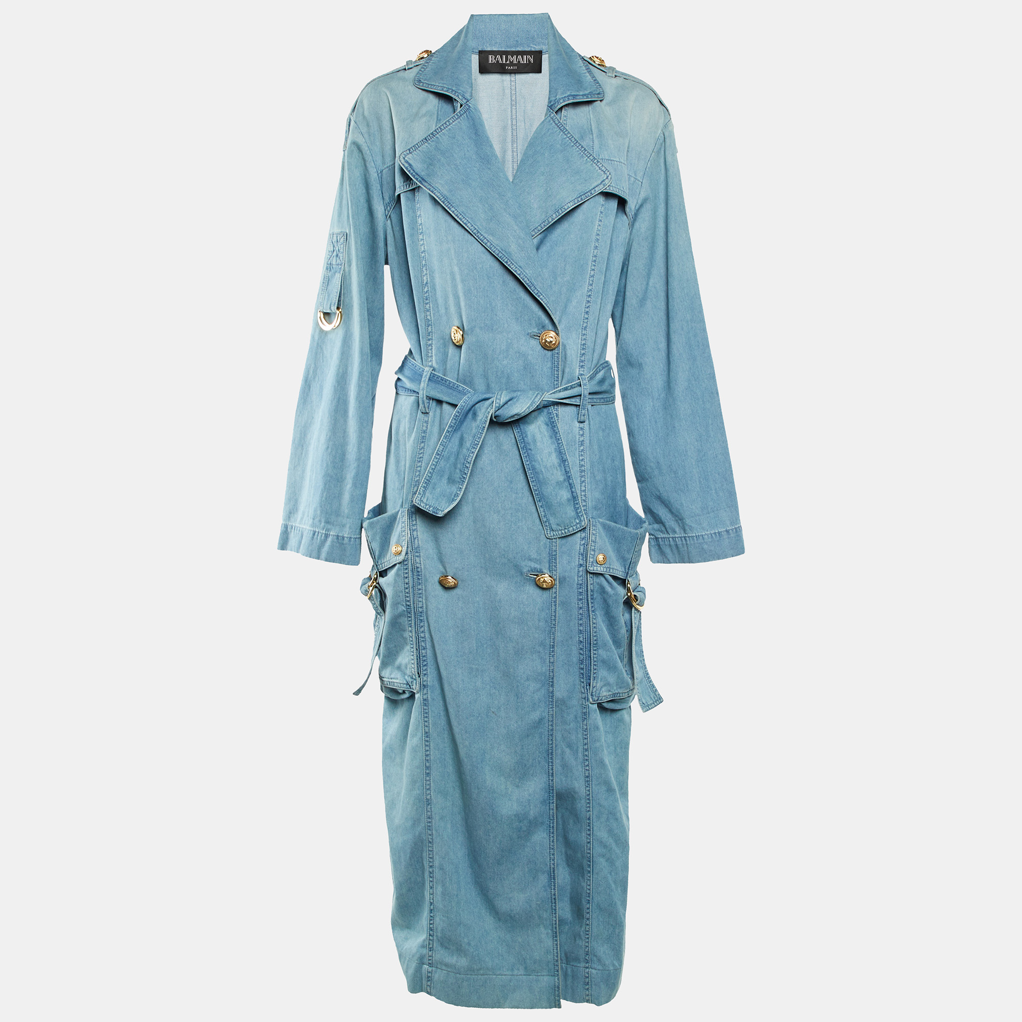 

Balmain Blue Denim Double Breasted Belted Long Coat S