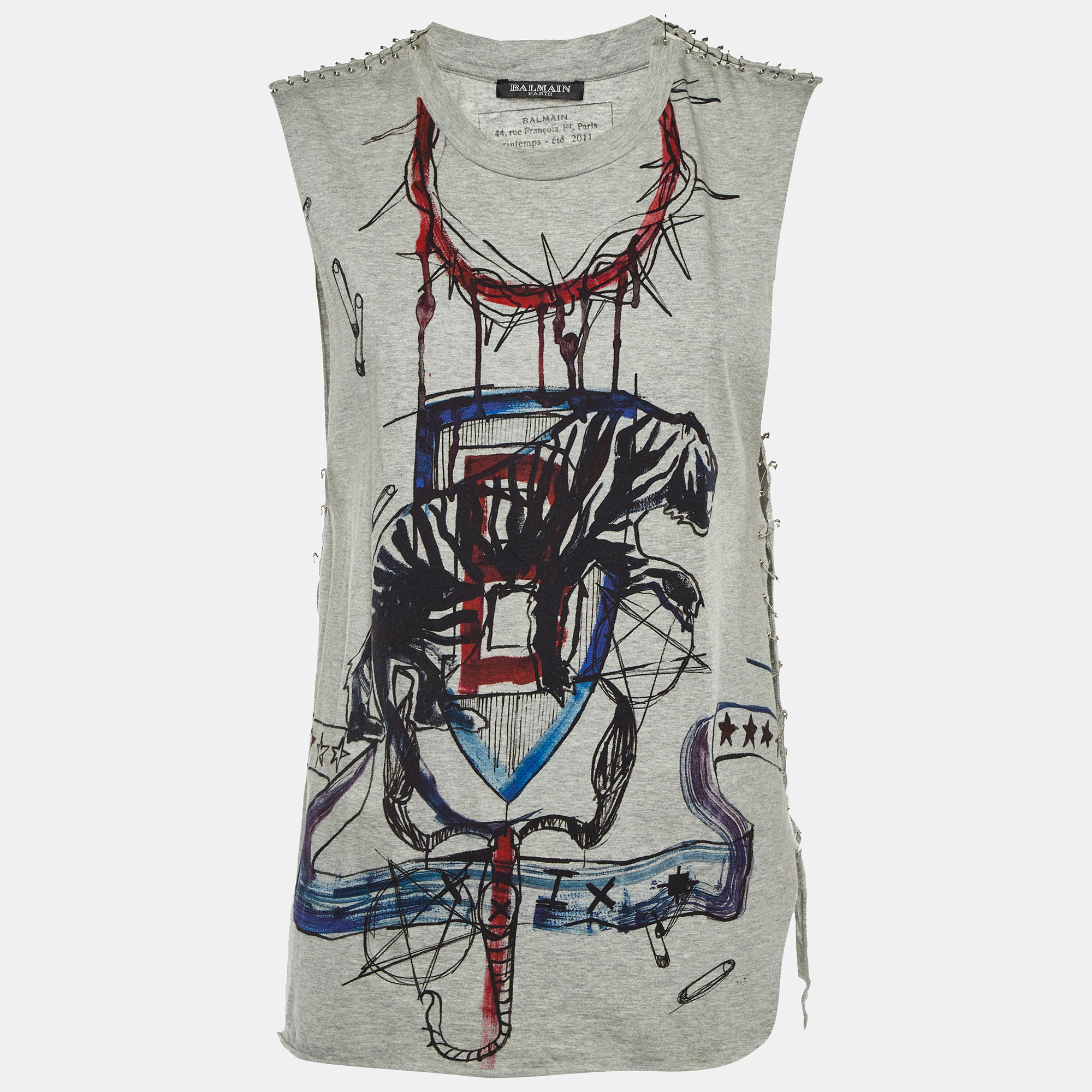 

Balmain Grey Printed Cotton Knit Pin Detail T-Shirt M