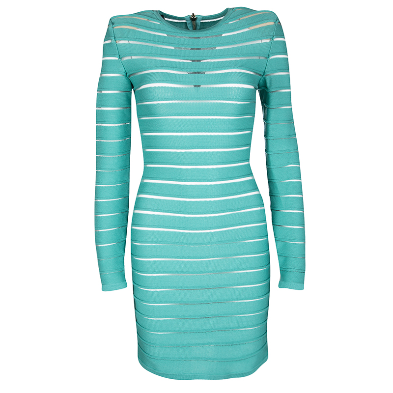 Balmain Blue Knit Mesh Insert Bodycon Dress M Balmain | The Luxury Closet