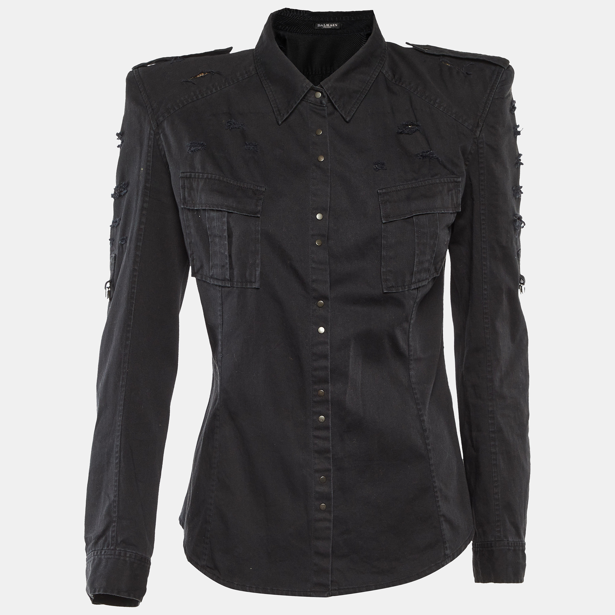 

Balmain Black Cotton Distressed Button Front Shirt M