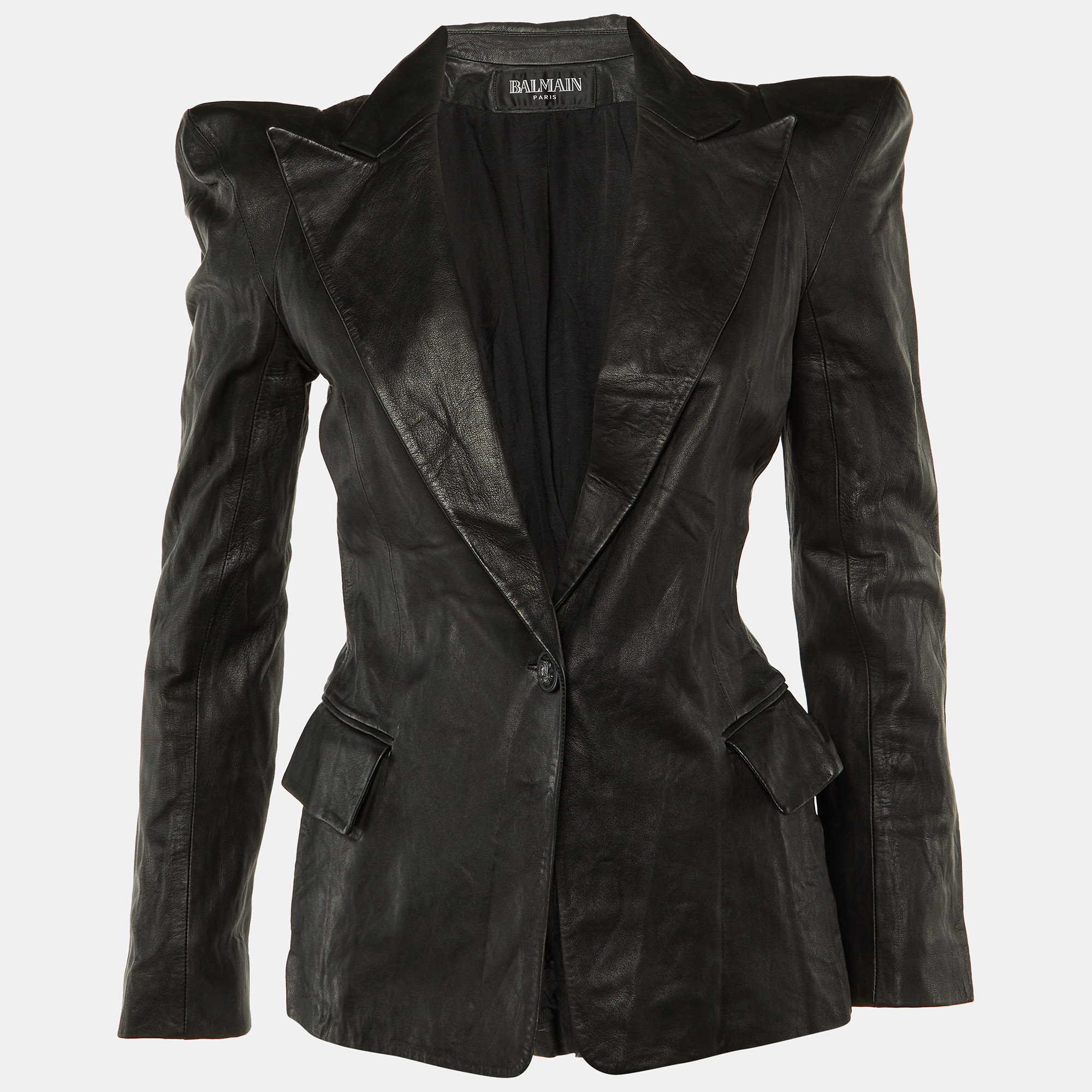 

Balmain Black Leather Single Breasted Jacket M