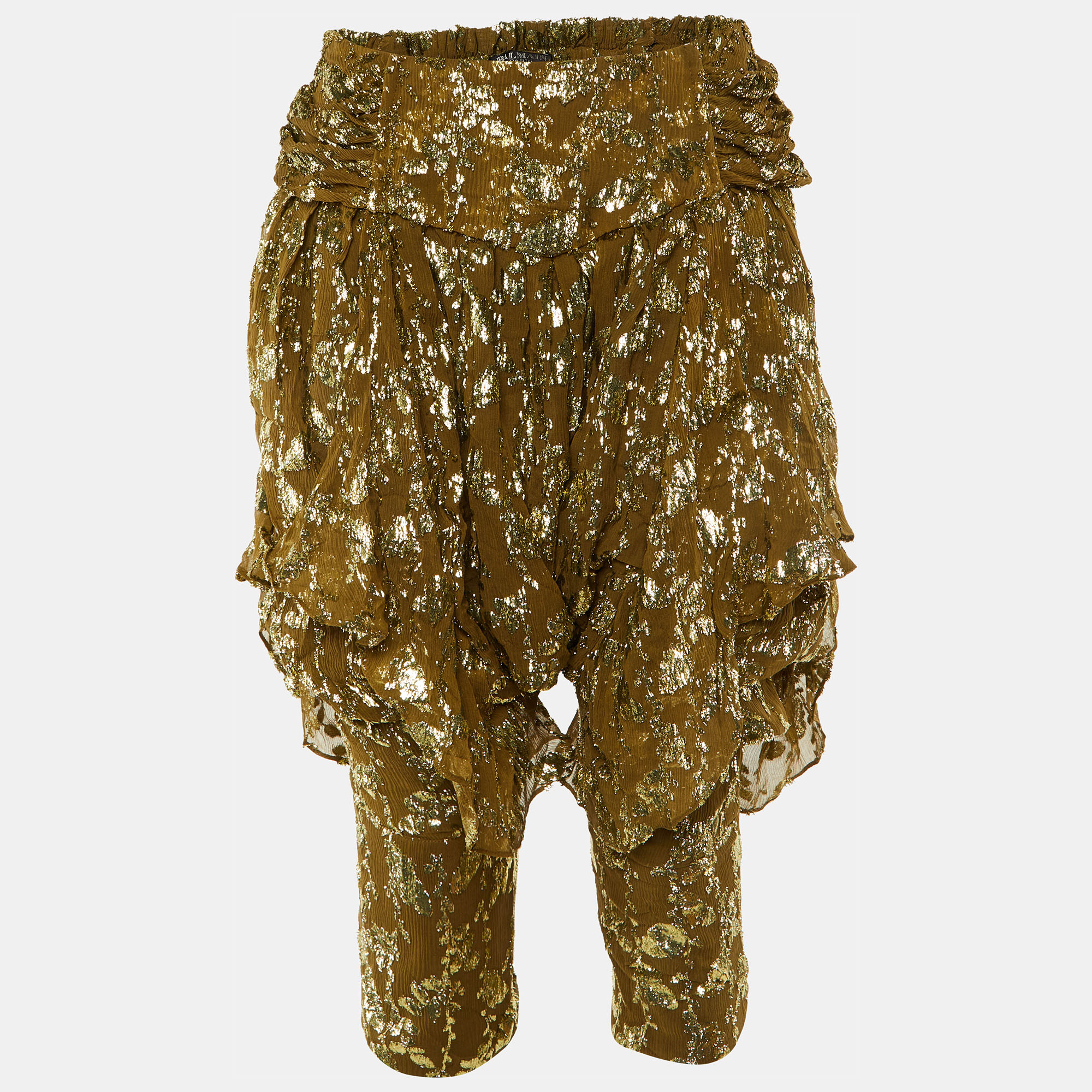 

Balmain Olive Green Textured Lurex Chiffon Harem Pants M