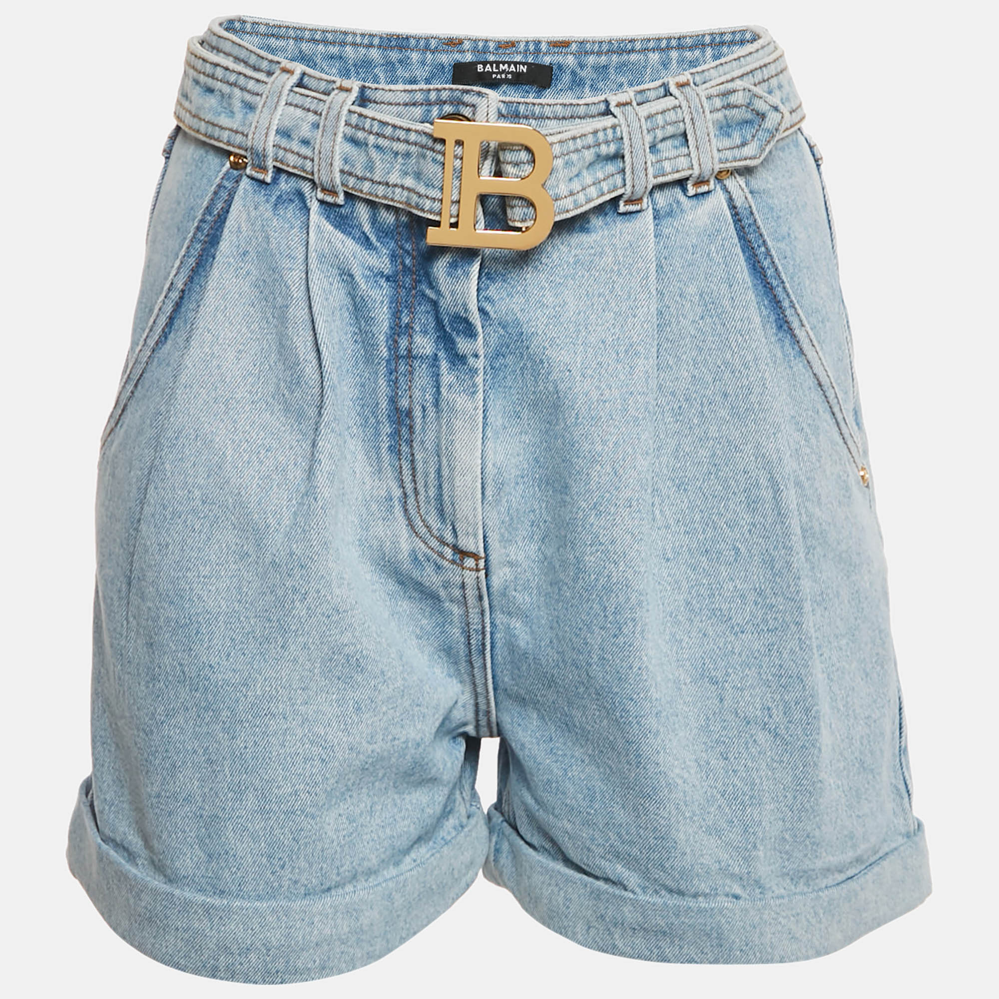 Balmain Blue Logo Detail Belt Denim Short M
