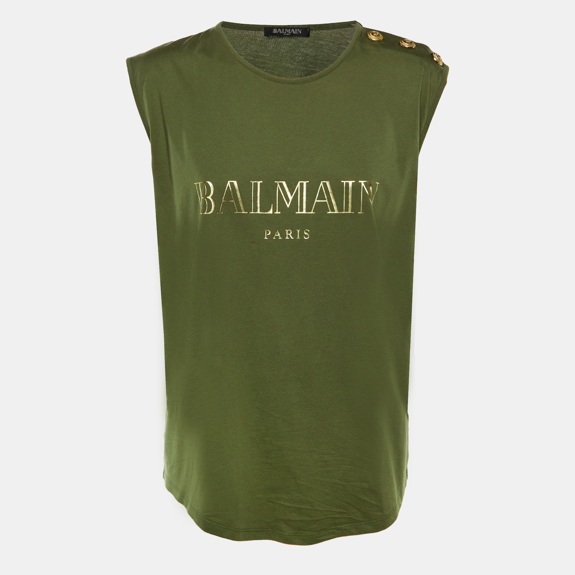 

Balmain Olive Green Logo Print Cotton Sleeveless T-Shirt L