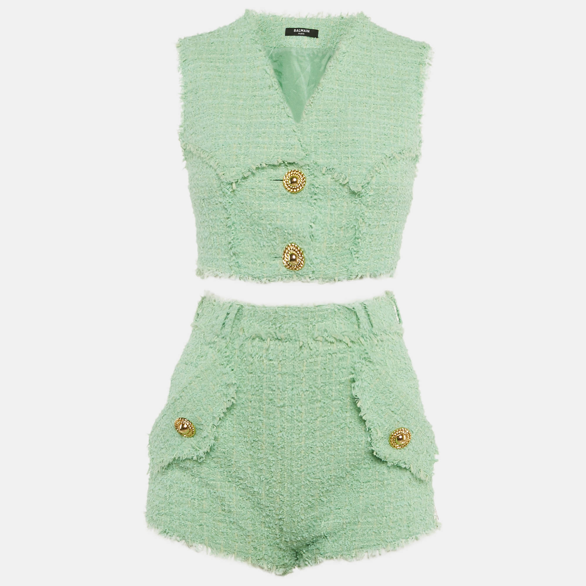 

Balmain Green Tweed Crop Top & Mini Shorts Set S