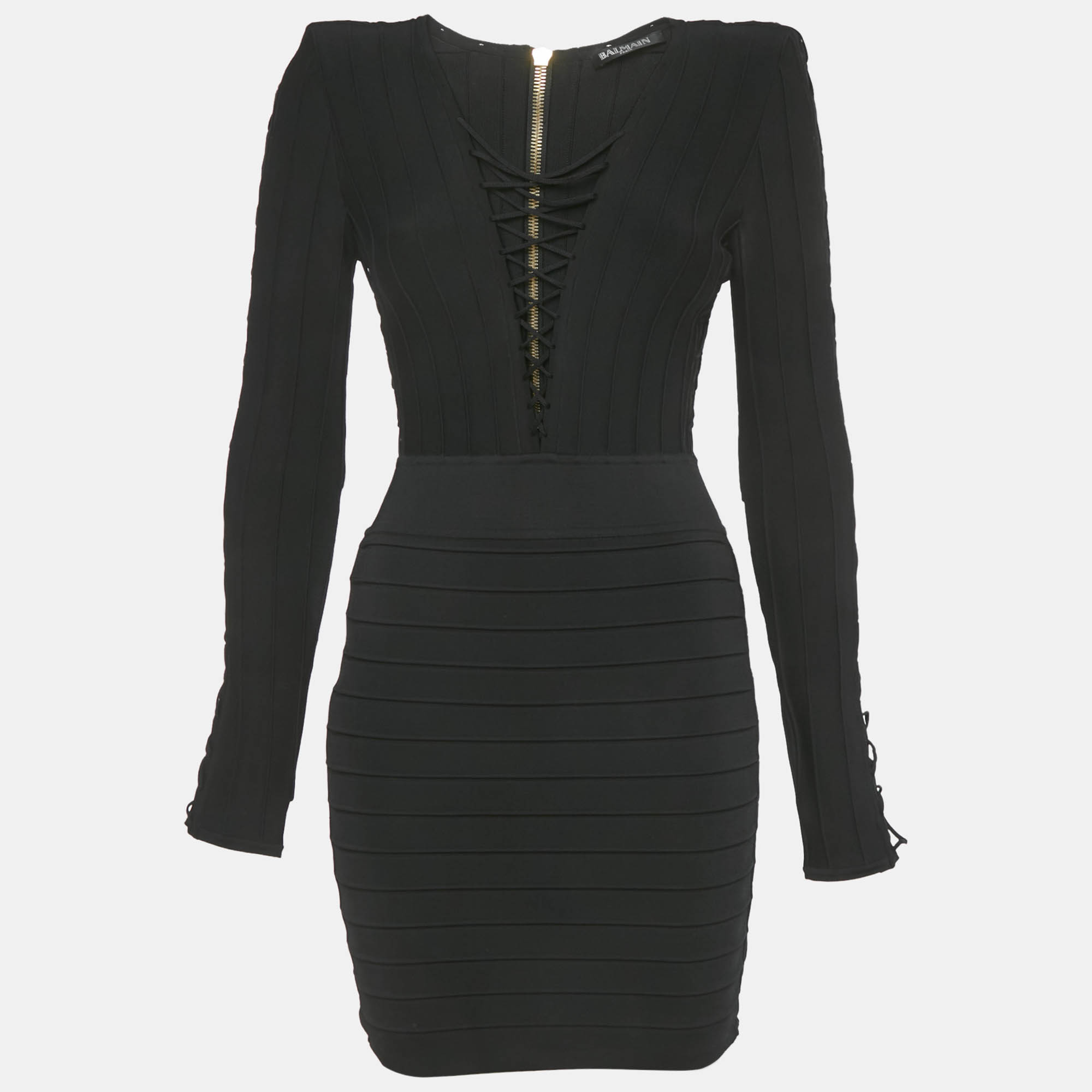 

Balmain Black Knit Lace-Up Long Sleeve Mini Dress S
