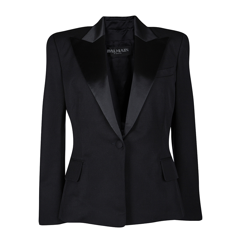 Balmain Black Wool Satin Collar Detail Power Shoulder Blazer L Balmain ...