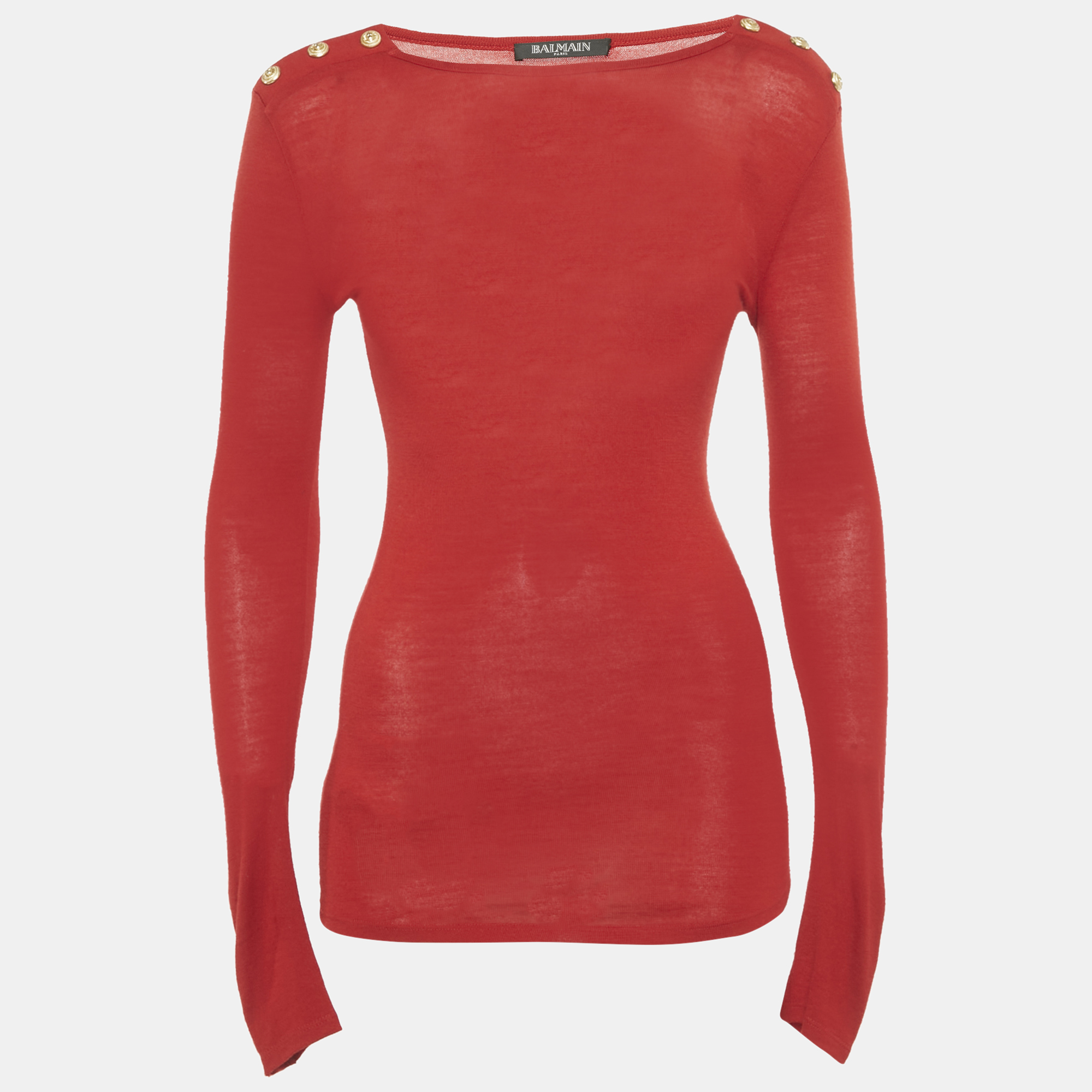 Pre-owned Balmain Red Wool Button Detail Long Sleeve Sweater S