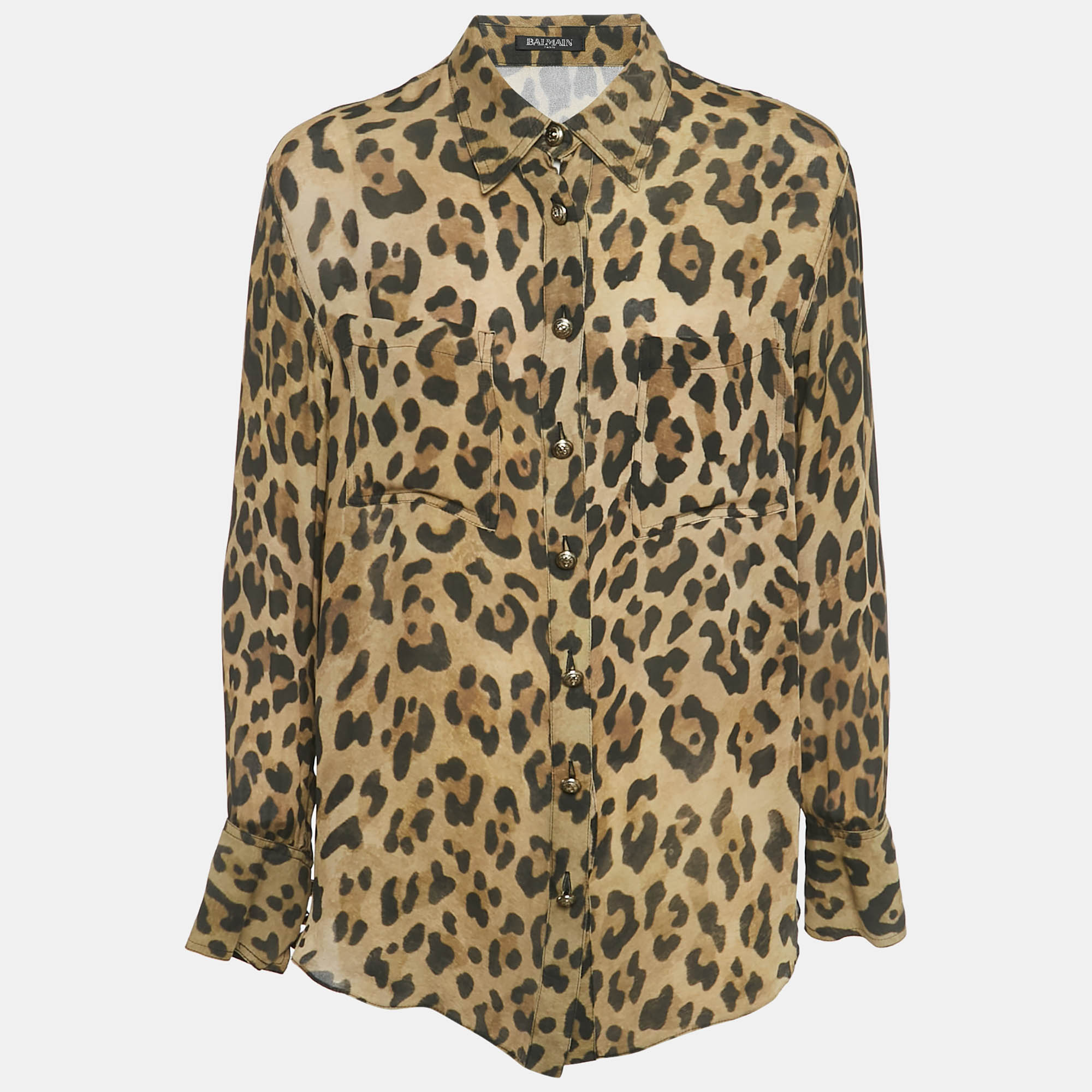 Pre-owned Balmain Brown Leopard Print Crepe Button Front Shirt L