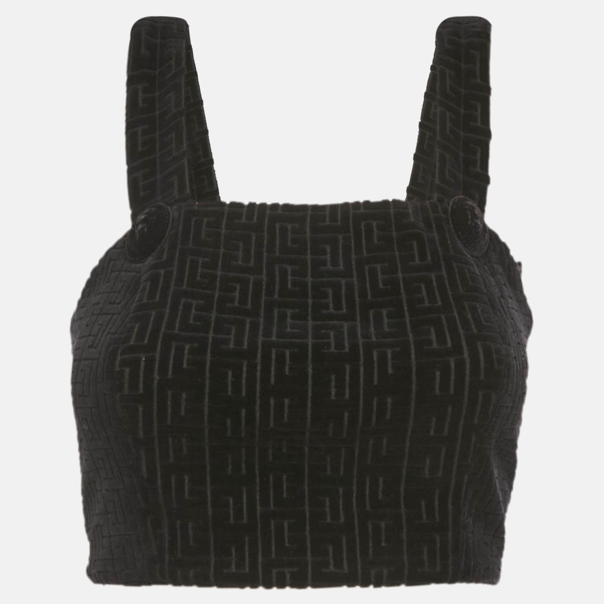 Pre-owned Balmain Black Patterned Velvet Crop Top S