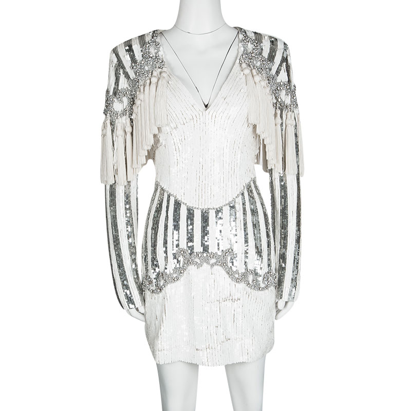 

Balmain White Embellished Tassel Detail Long Sleeve Dress