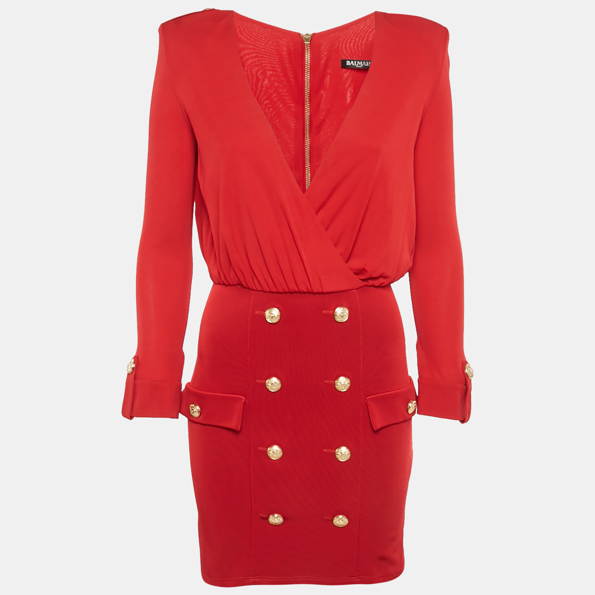

Balmain Red Jersey & Knit Plunge Neck Button Detailed Mini Dress S