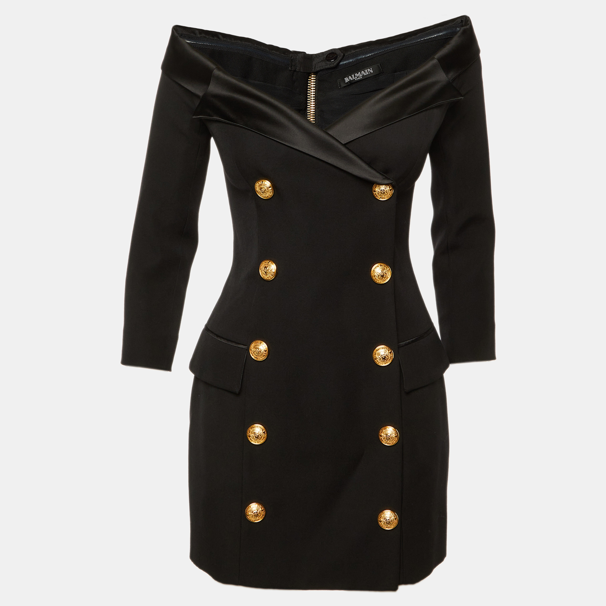 

Balmain Black Wool Double Breasted Off-The-Shoulder Dress M