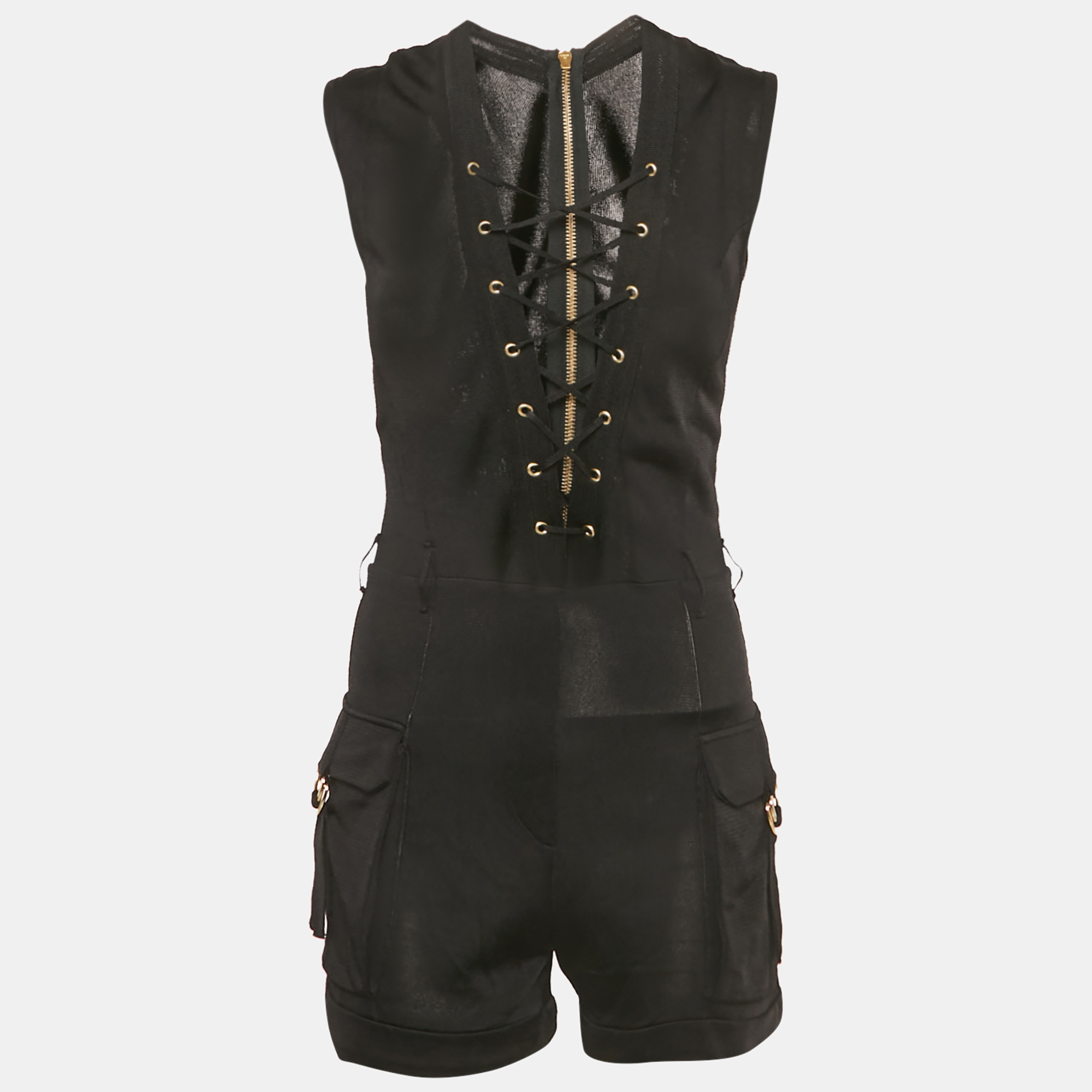 Pre-owned Balmain Black Knit Lace-up Jumpsuit S