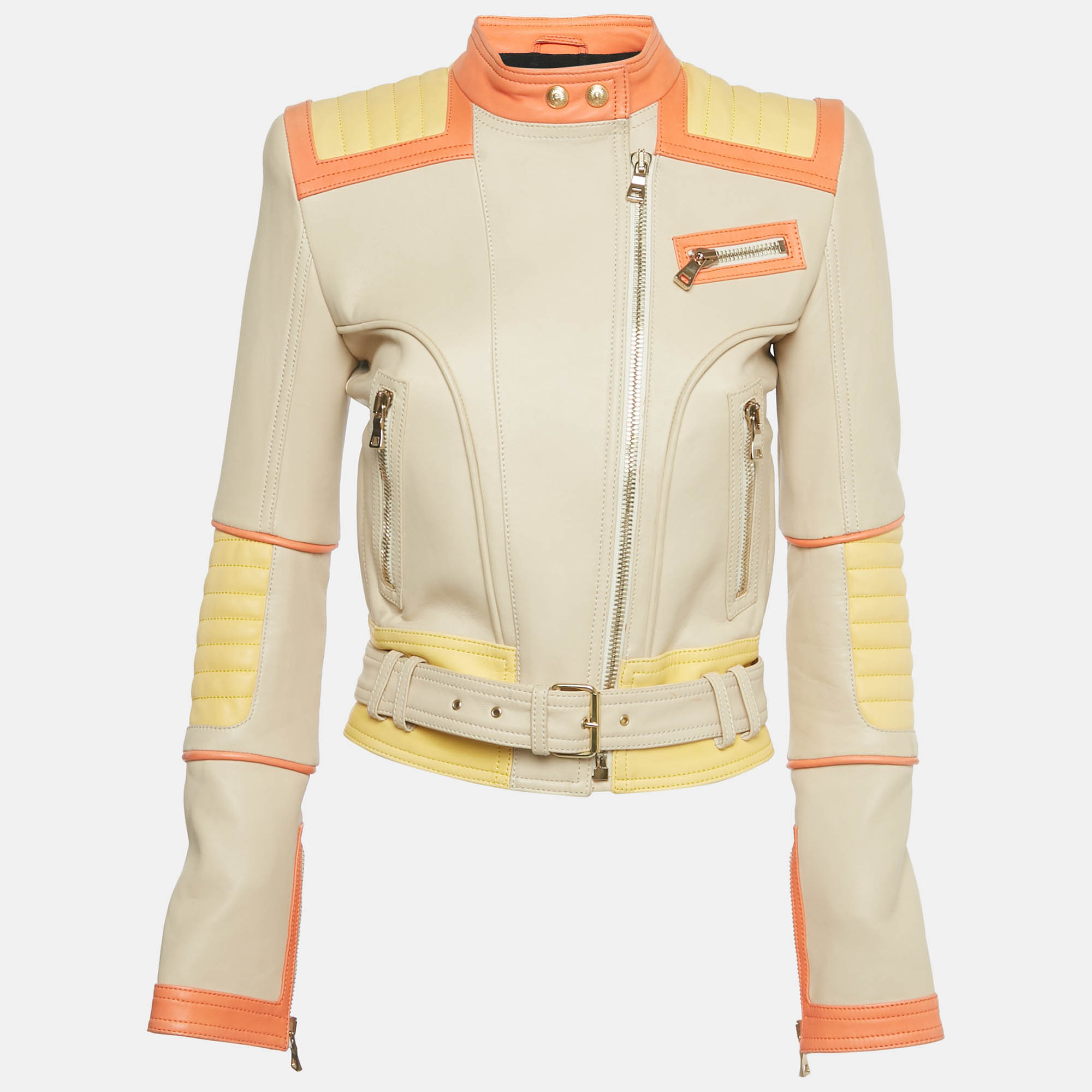 

Balmain Beige Leather Zip Up Biker Jacket S