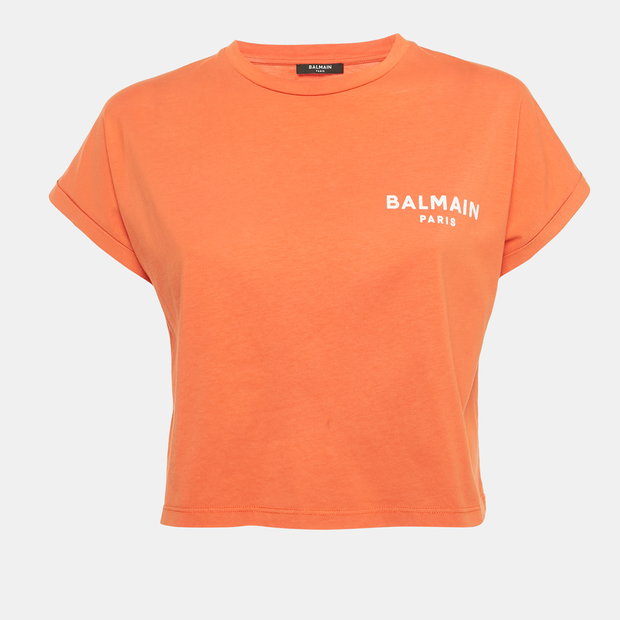 

Balmain Orange Logo Printed Cotton Knit Crop Top XS
