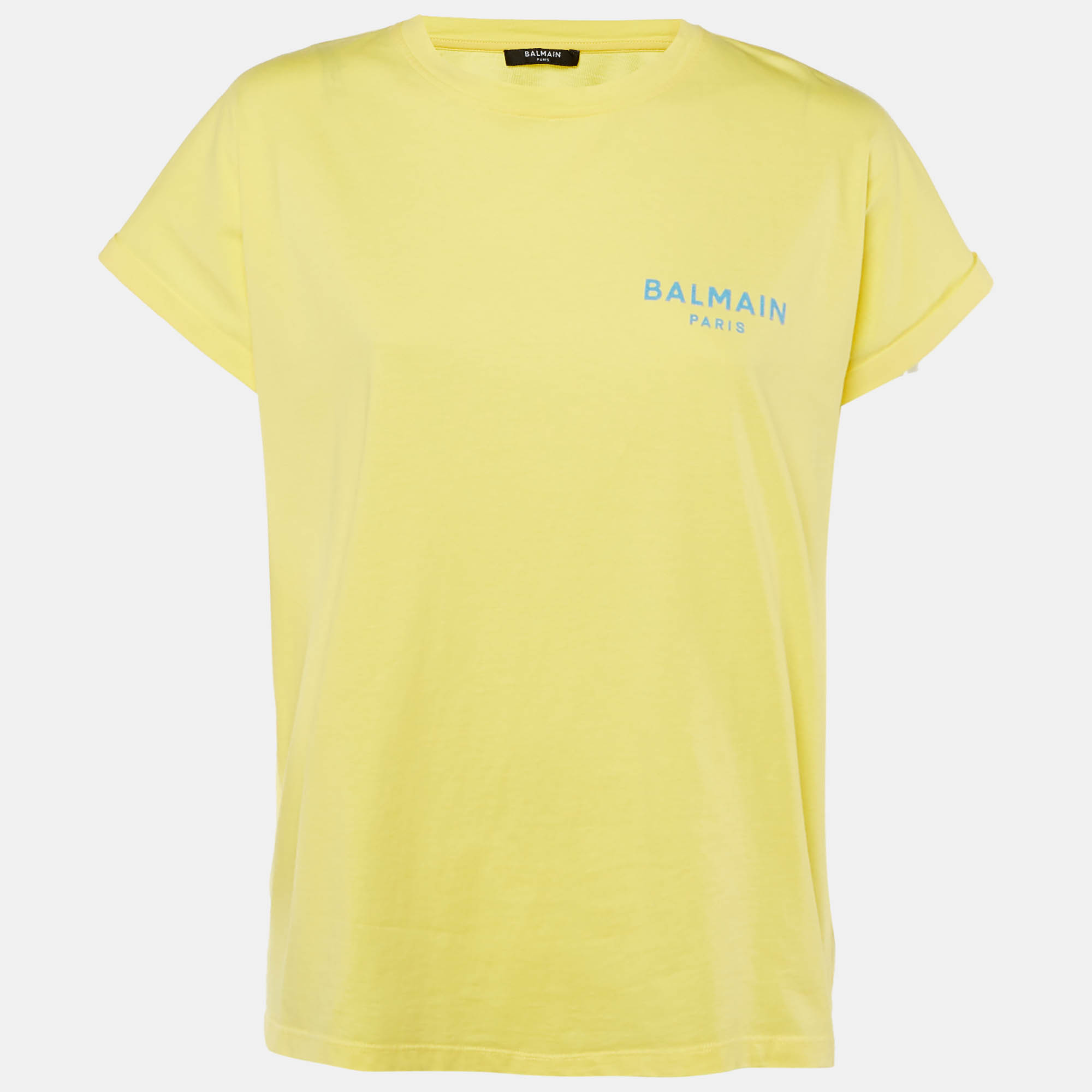 Pre-owned Balmain Yellow Logo Printed Cotton Knit T-shirt M