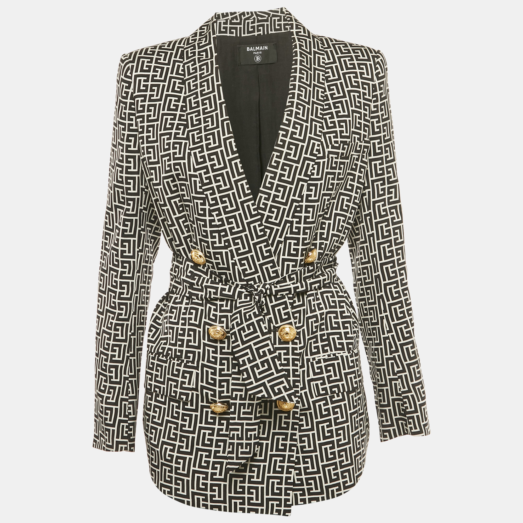 

Balmain Black/White Monogram Cupro Double Breasted Blazer S