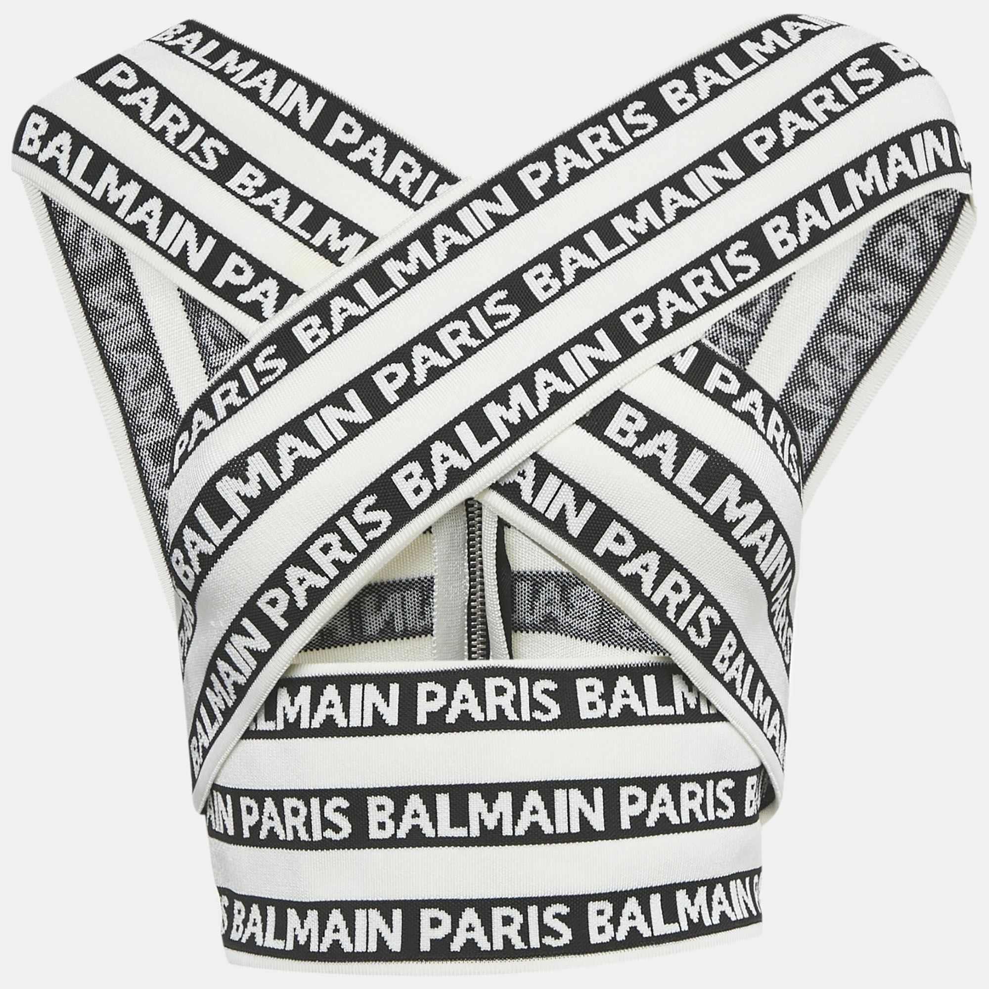 Pre-owned Balmain White Logo All Over Knit Crossover Banded Top S In Black