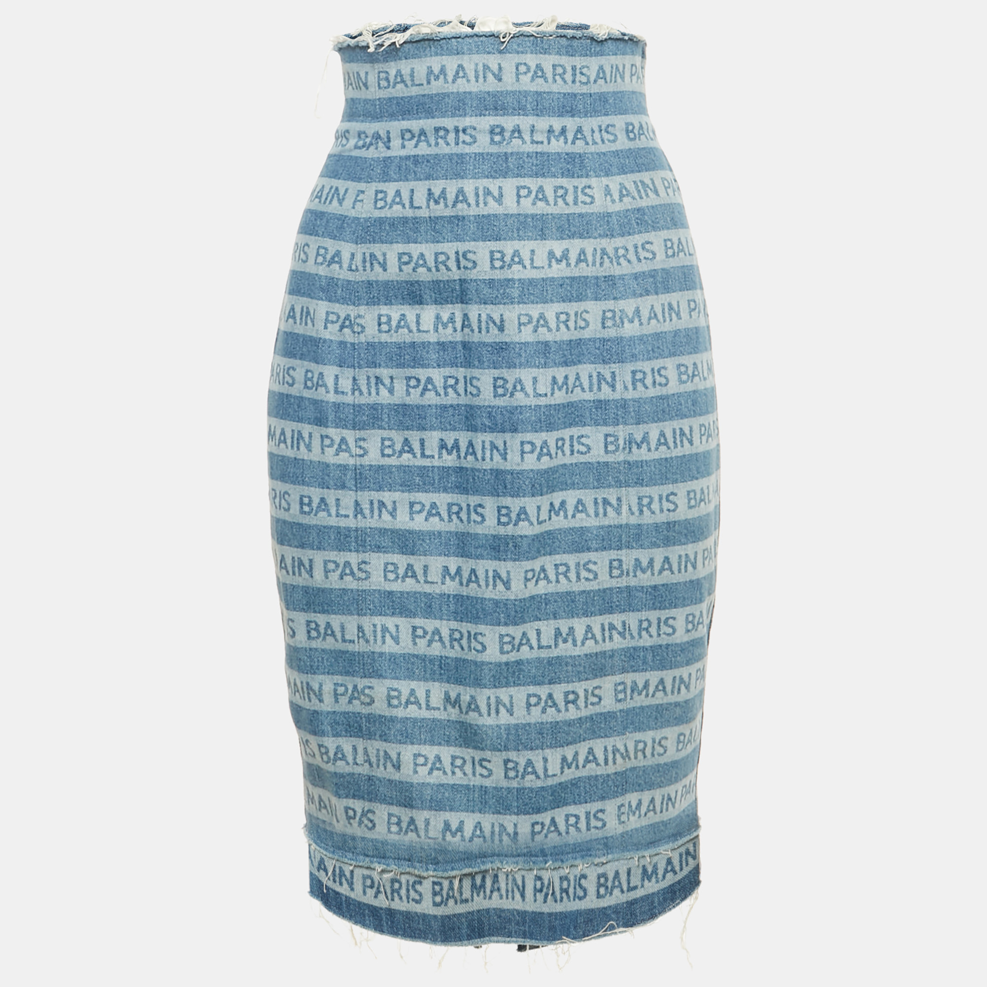 

Balmain Blue Striped Logo Raw Edge Denim Skirt S Waist 26"