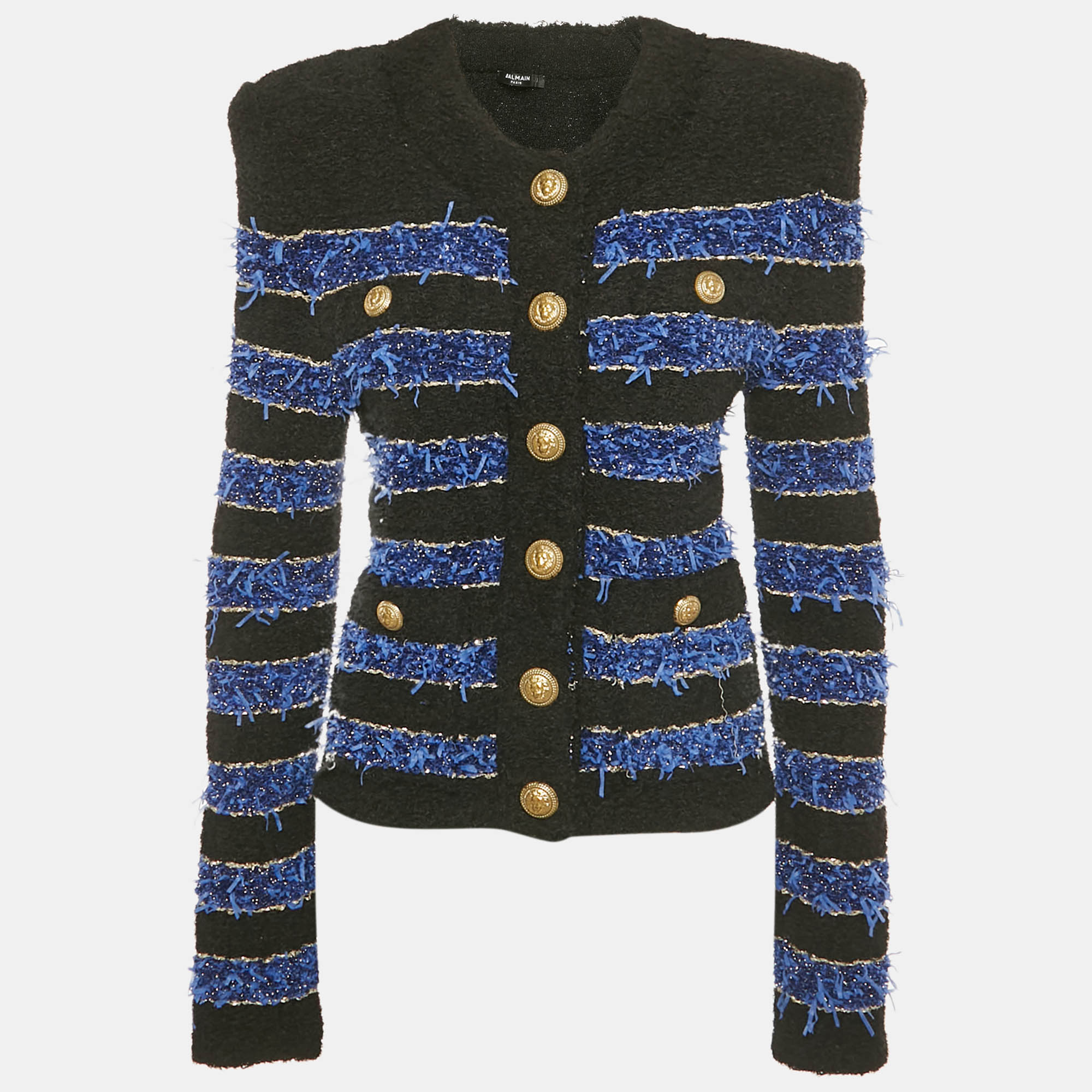Pre-owned Balmain Black /blue Striped Lurex Tweed Jacket S