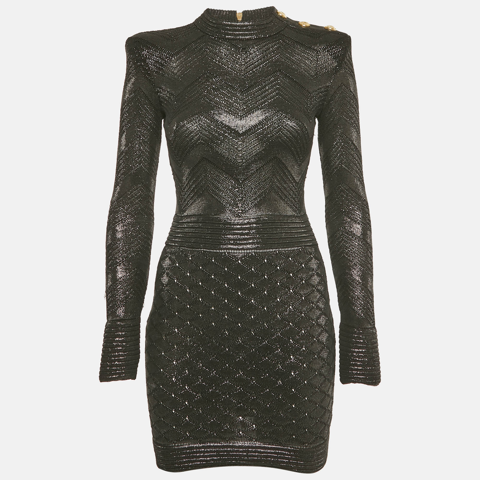 Pre-owned Balmain Black Lurex Patterned Knit Mock Neck Mini Dress S