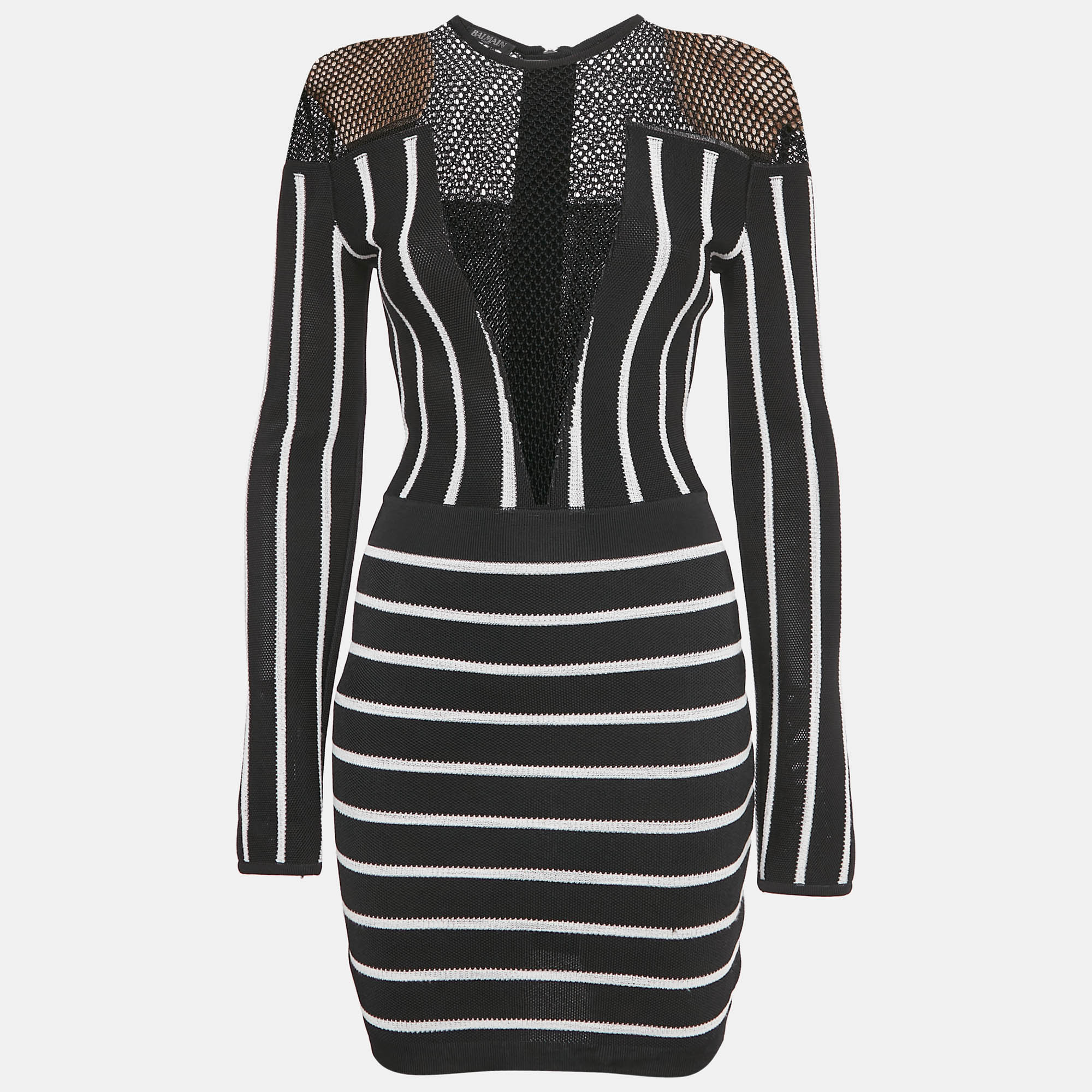 Pre-owned Balmain Black Striped Knit And Mesh Mini Bodycon Dress S