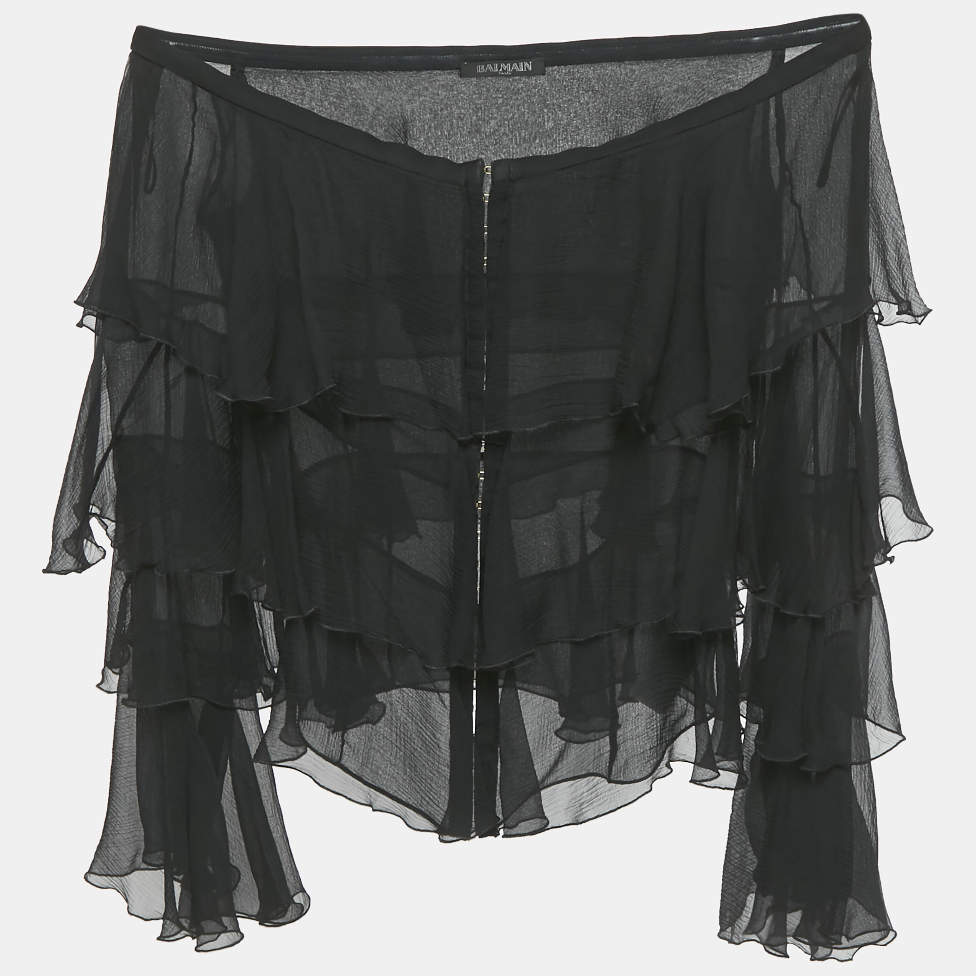 

Balmain Black Silk Tiered Off-Shoulder Top S
