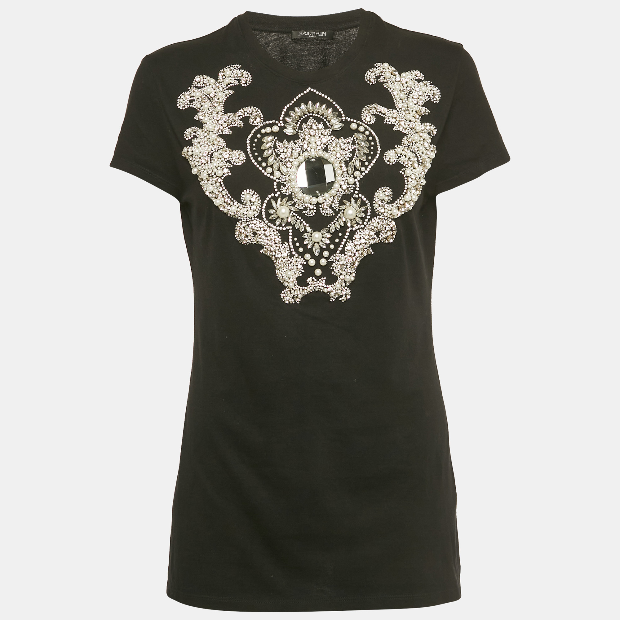 

Balmain Black Pearl and Crystal Detail Jersey Crewneck T-Shirt M