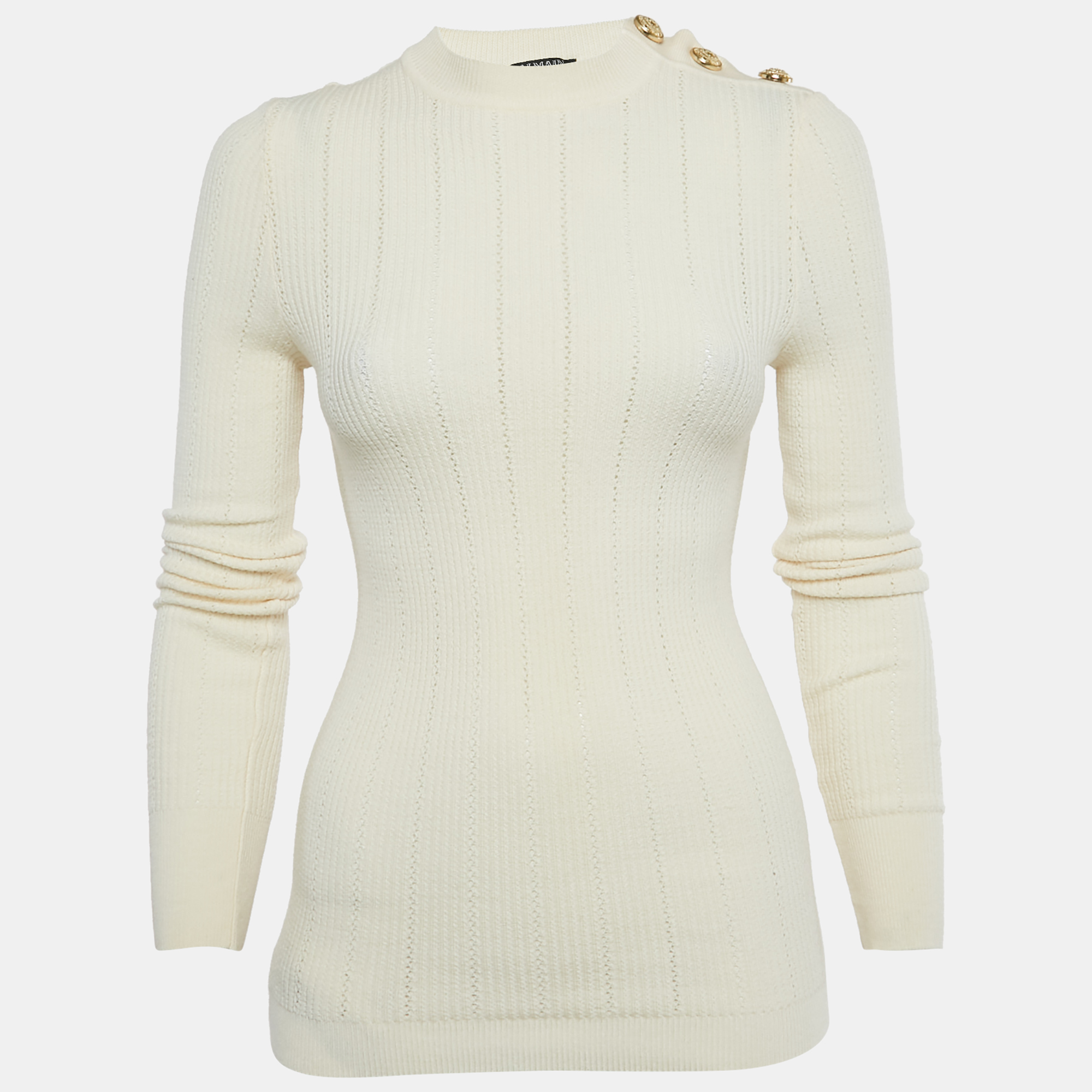 

Balmain Cream Rib Knit Mock Neck Pullover S