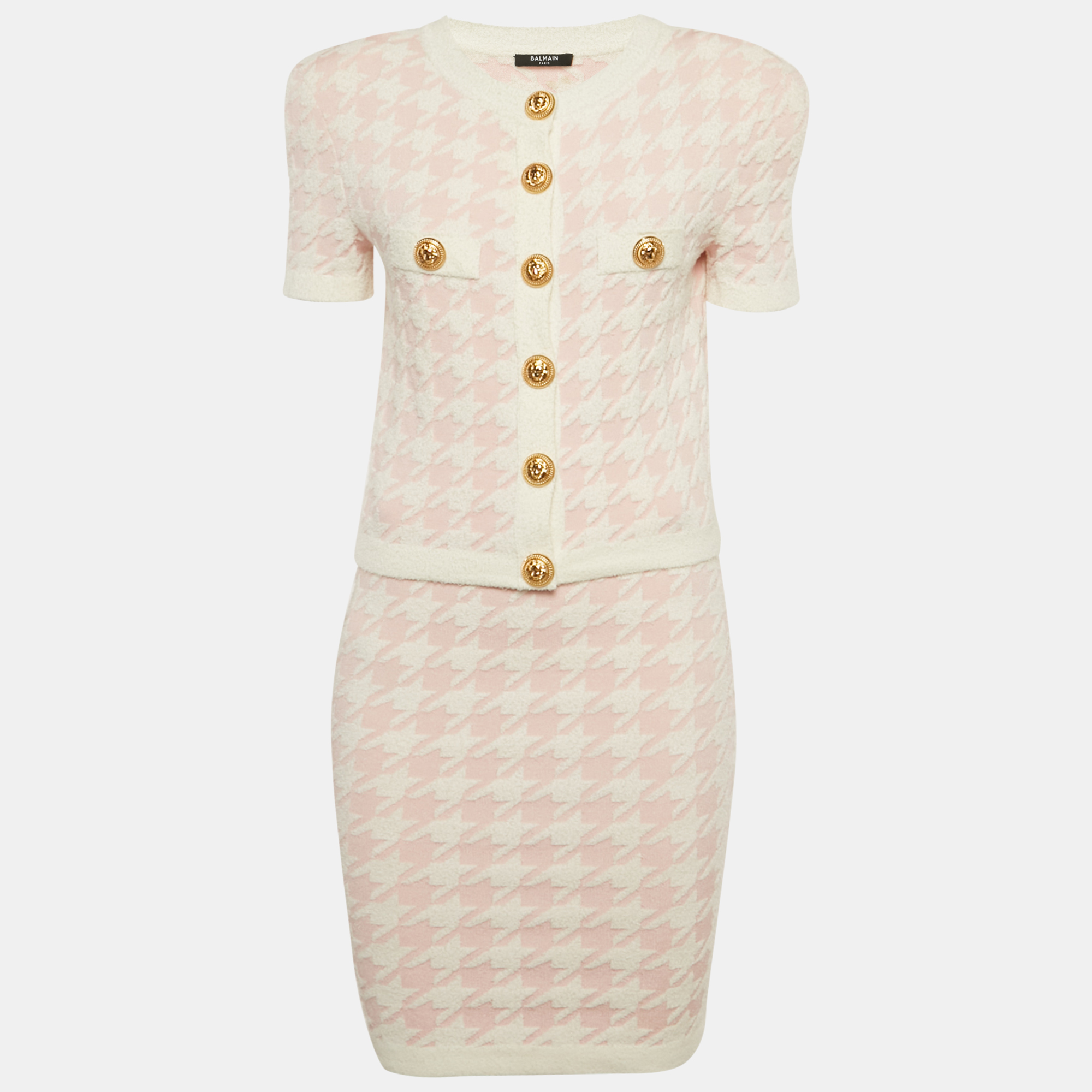 

Balmain Pink Houndstooth Knit Skirt Suit S